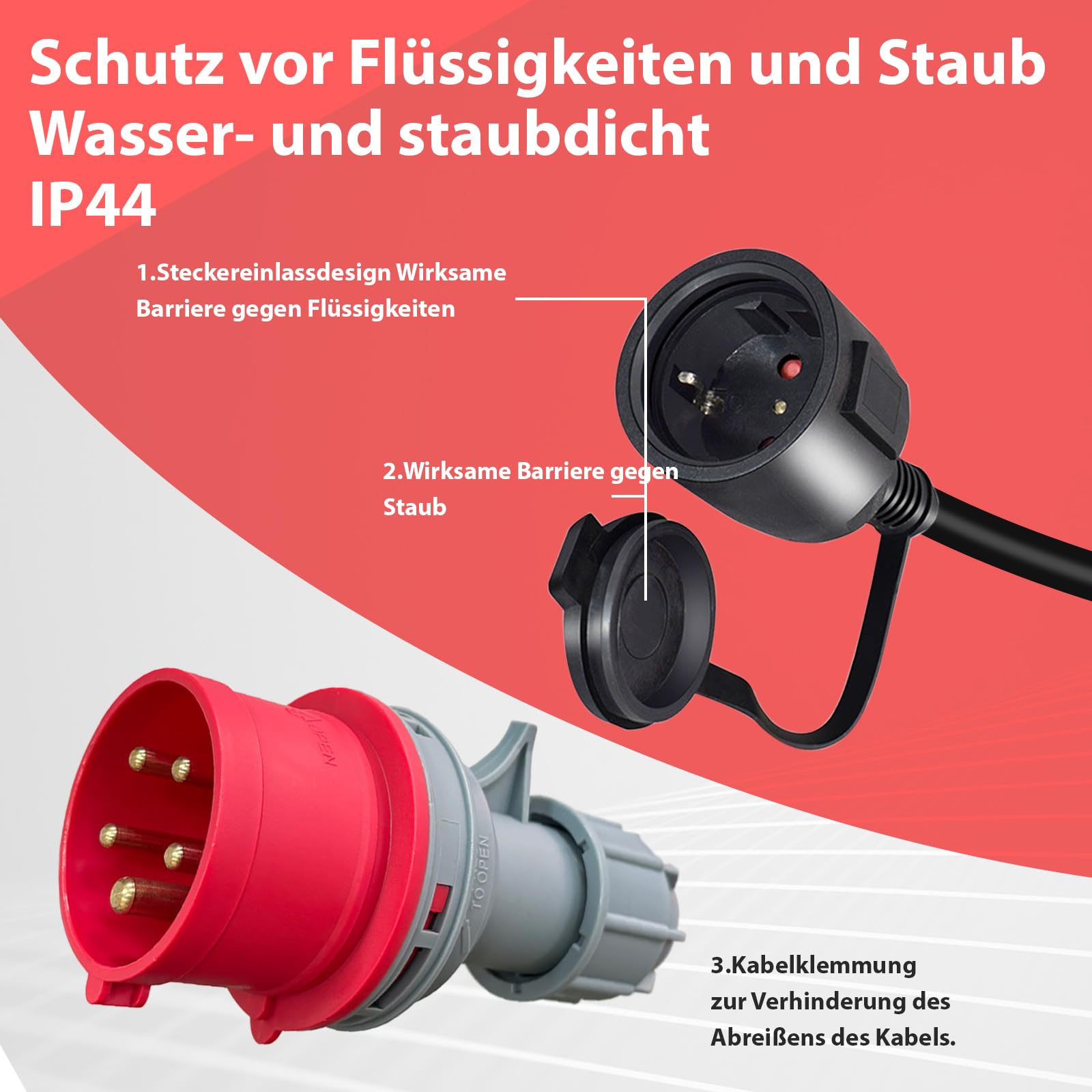 CEE Starkstrom Verteiler, 400V 16A auf 3X 230V Adapter Starkstrom, Starkstrom Adapter 400V auf 230V 16A Verteiler für Camping, Boot, Caravan, IP44, 3x1.5mm²