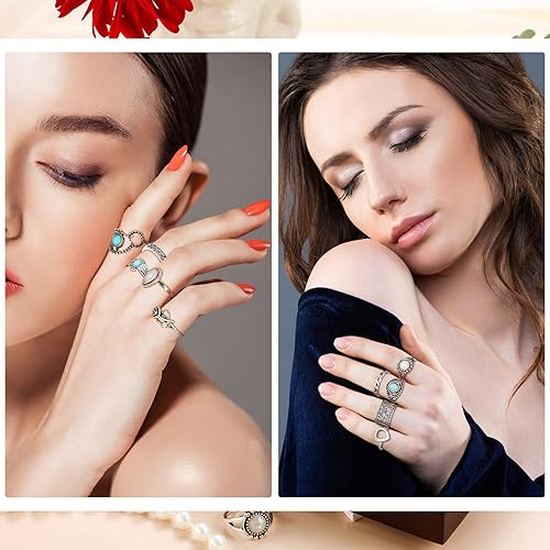 Miniatura 5 de Juego de 84 anillos de turquesa vintage para mujer, diseño ovalado de plata bohemia, con piedras preciosas ovaladas, estilo occidental, apilables,