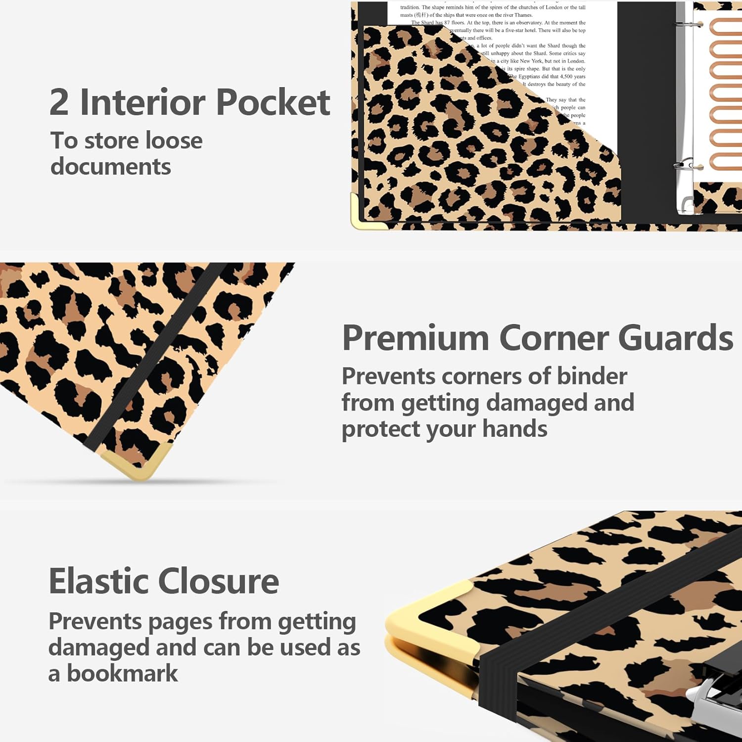 3 Ring Binder 1 Inch, Cute Round Ring Binders with 6 Tab Dividers, Labels Stickers, Low Profile Clipboard with Storage, Fashion Binder School Office Supplies(Cheetah Spots Tabs)