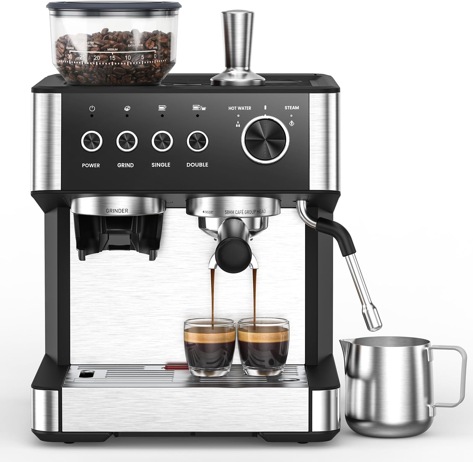 Electactic Espresso Machine 15 Bar with Built-in Anti-Clog Coffee Grinder,Stainless Steel Coffee Maker with 77.8 oz Removable Water Tank for Cappuccino/Latte,Home&Office,Black