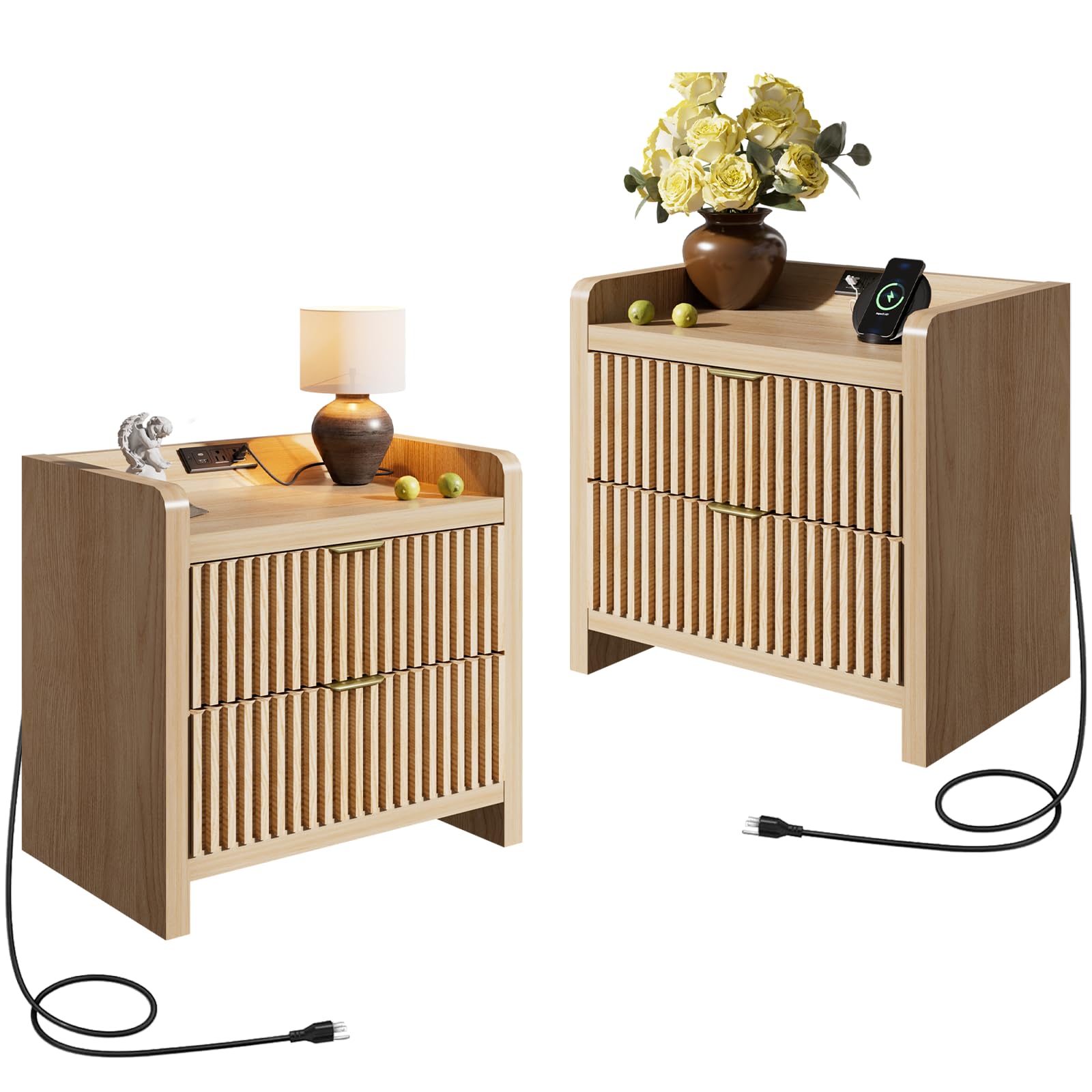 BREEZEHEAT Fluted Nightstand Set of 2, Night Stands with Charging Station, Nightstand Bedside Table End Table with 2 Large Drawers, Mid Century Modern Night Stand for Bedroom, 24" Wide, Burly Wood