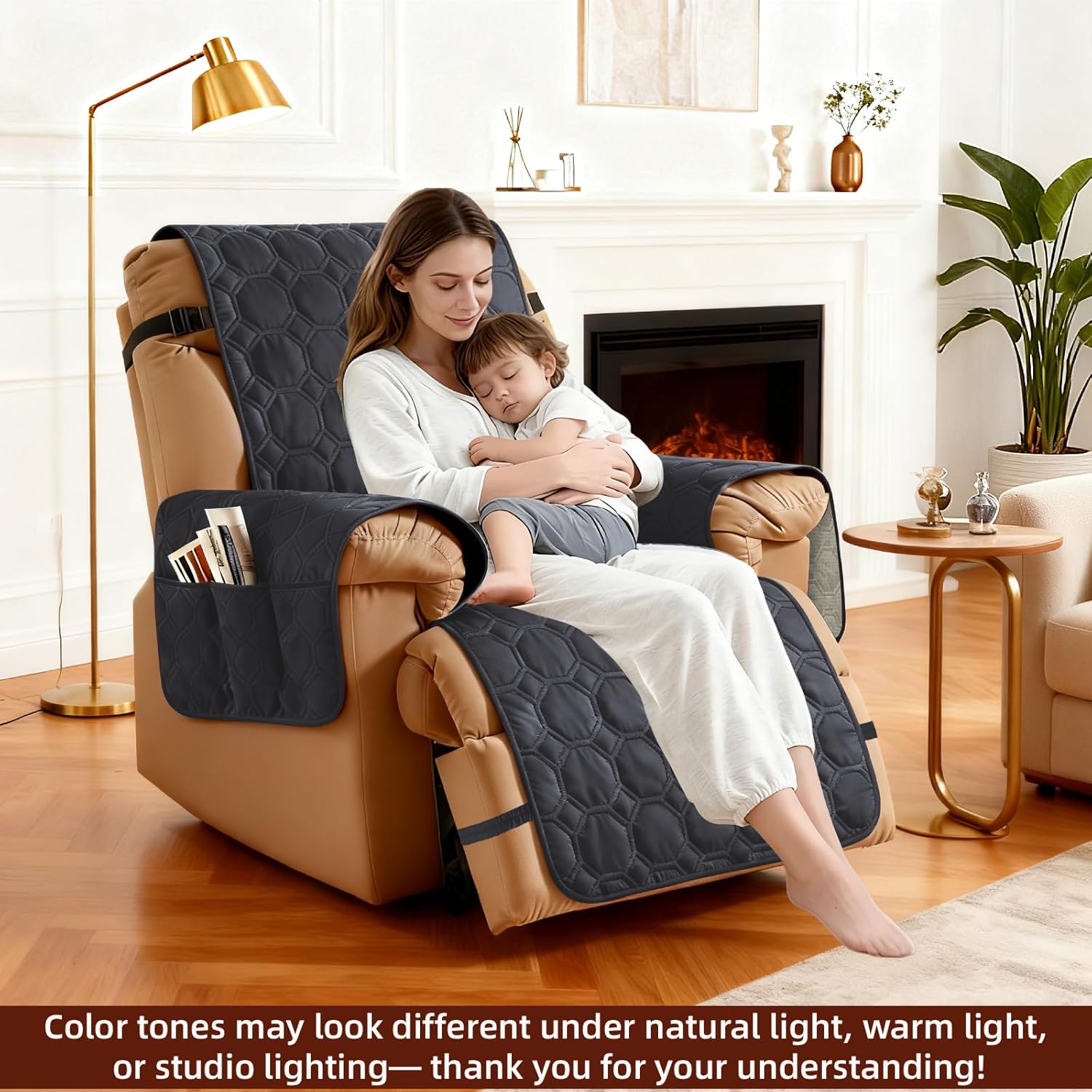 XINEAGE 100% Waterproof Recliner Chair Cover, Non Slip Covers for Recliner Chair with Pocket, Washable Dog Recliner Couch Cover with Elastic Straps (Black, 30")