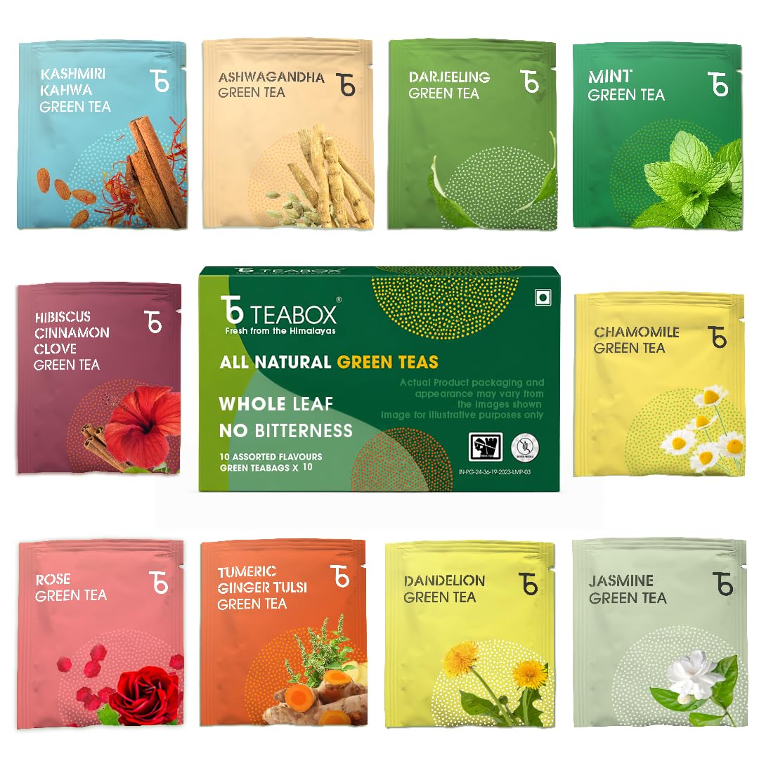 Teabox Premium Darjeeling Herbal Green Tea Assorted Pack (10 Different flavors X 10pcs Each) | 100% Natural Whole Leaf Green Tea With 0% Bitterness | From The Himalayas (100 Teabags)-image-16