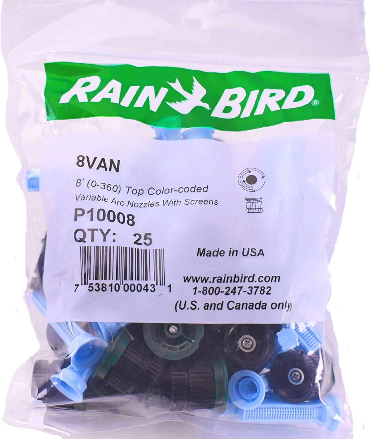 Rain Bird 8VAN Variable Arc Adjustable Sprinkler Nozzle w/Screen, 8 Foot Radius - 25 Pack