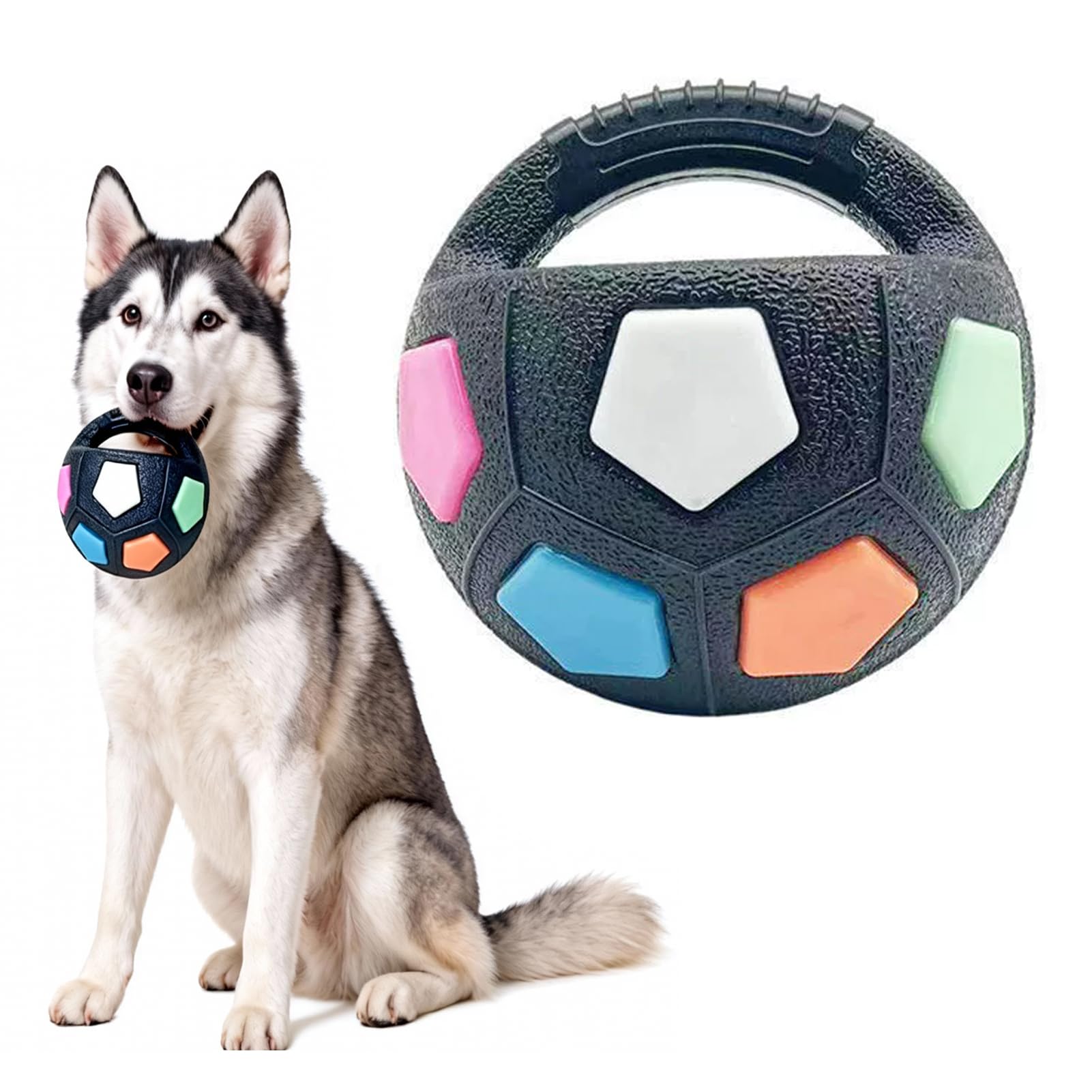 Interactive Tough Dog Ball Toy, Squeaky Chew Interactive Dog Toy, 13cm/5.12in, Pet Football Shape Toy, Round Rubber Chew Ball with Handle for Aggressive Chewers Fetch and Trainin (Black)