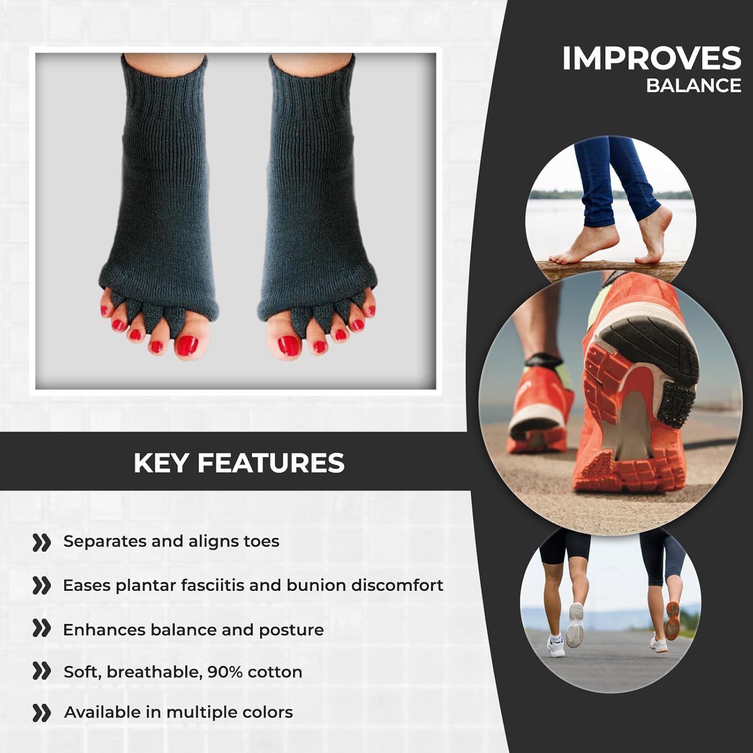 Happy Feet Toe Separator Comfortable Alignment Socks - Washable Massage Socks for Foot Cramp & Hammertoes Prevention - Black