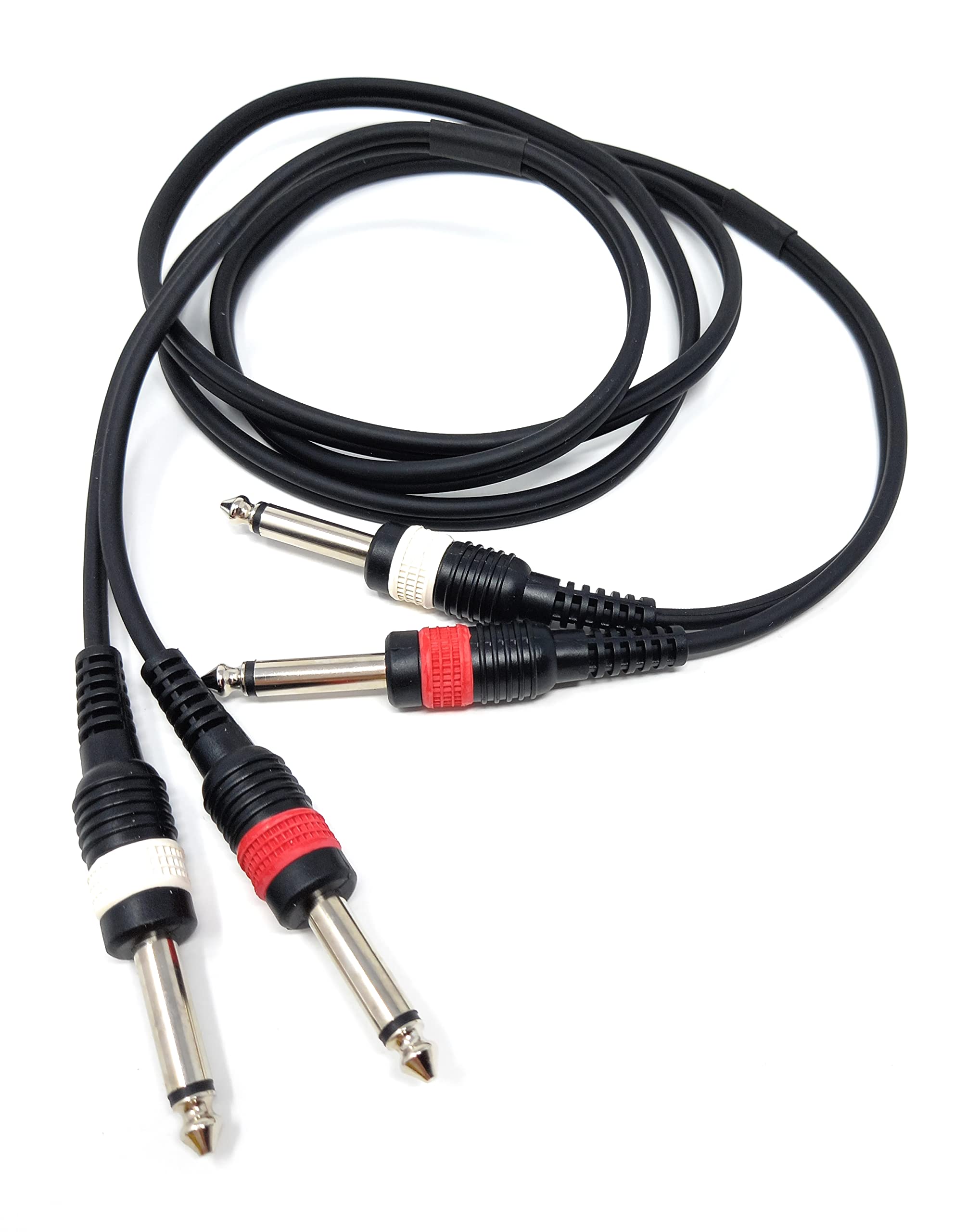 1.5m Twin 6.35mm Mono 2 x Jack to 2 x Jack Shielded Cable Lead, Rubber Reliefs, Helical PVC Cord, Nickel Connectors 5ft - Image 2