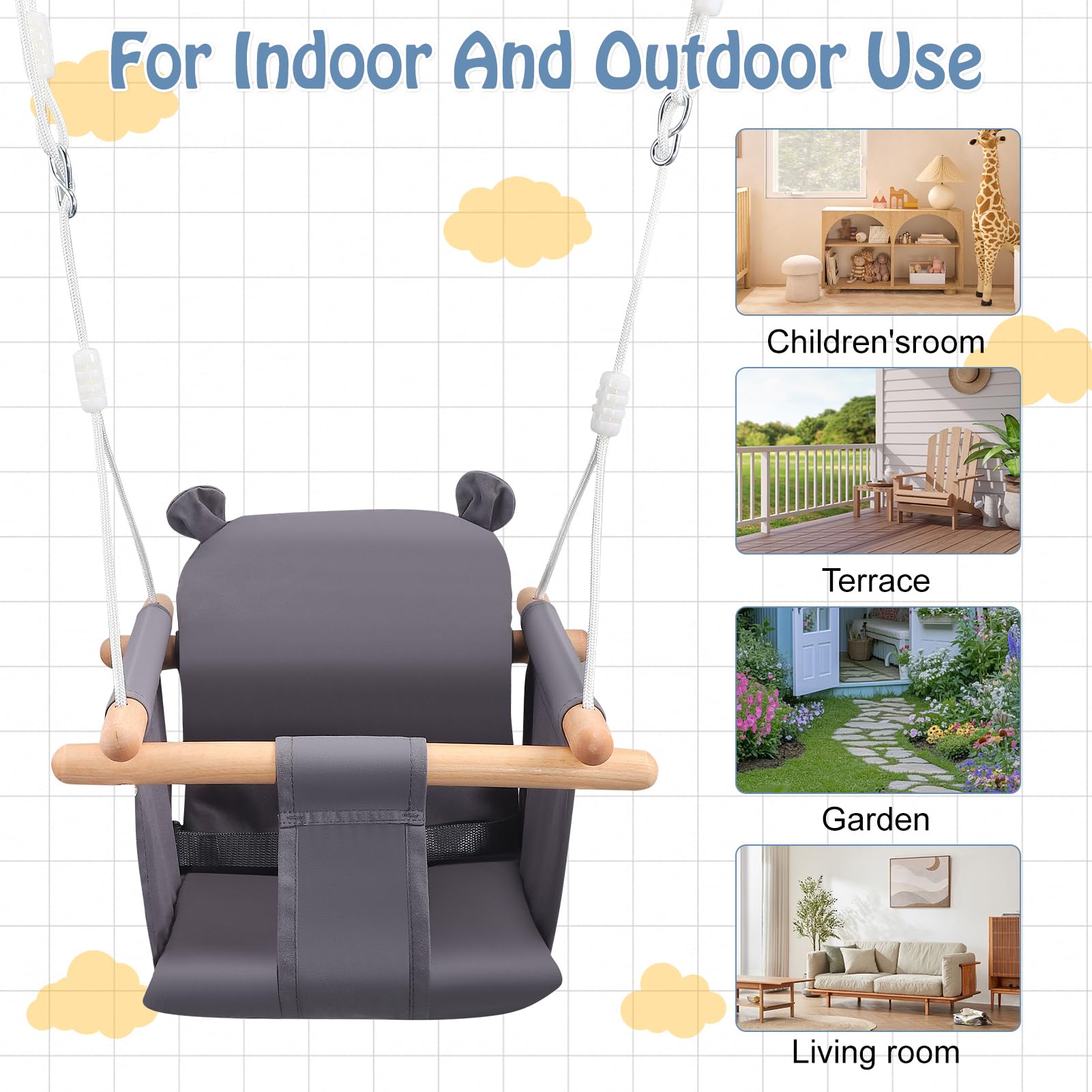 Columpio para bebé, columpio para niños, juego de asiento de madera para interior de madera, con cojín gris de algodón y cinturón de seguridad, capacidad de carga de 25 kg, para bebés y niños de 6