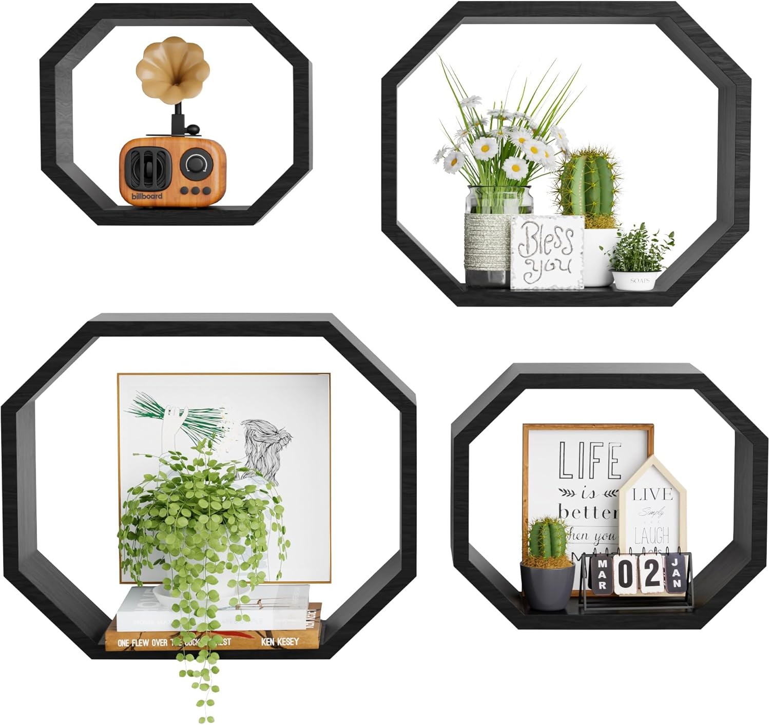 Octagon Floating Shelves for Wall Black Wooden Octagonal