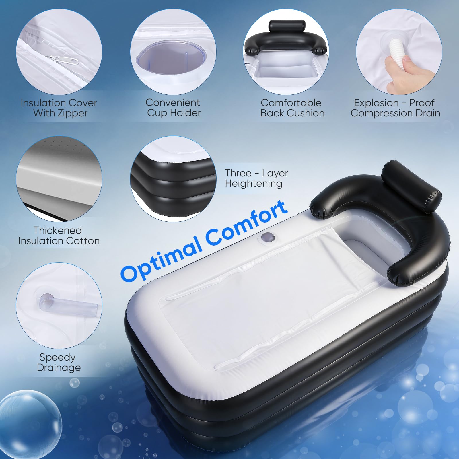 Bañera Adulto Portátil, 3 Min Inflación Rápida con Bomba Eléctrica, Bañera Hinchable Plegable con Tapa Aislante, Reposacabezas en U, Soporte para Vasos, Para Jardín Camping Baño, Negro-Blanco