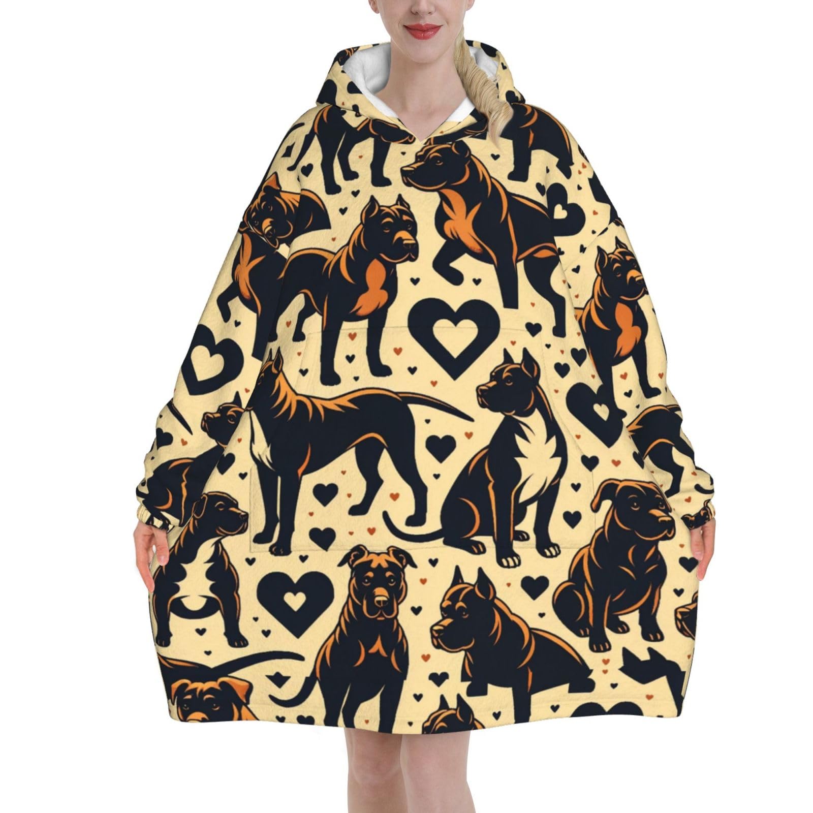 Augenstern Oversized Flannel Wearable Blanket Hoodie For Adult Pitbull-Dog-Heart Soft Fuzzy Hooded Lounging Pullover