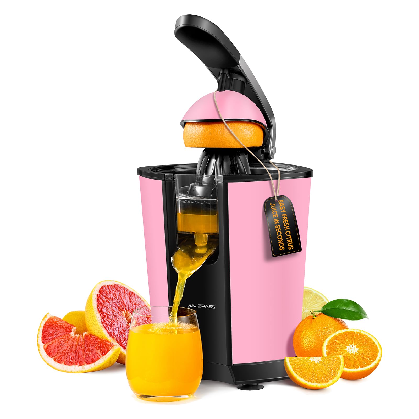 Amzpass Electric Orange Juicer, Citrus Juicer Squeezer with 2 Cones and Soft Grip Handle for Effortless Juicing, Stainless Steel Quiet Orange Juice Extractor Machines for Lime Grapefruit Lemon, Pink
