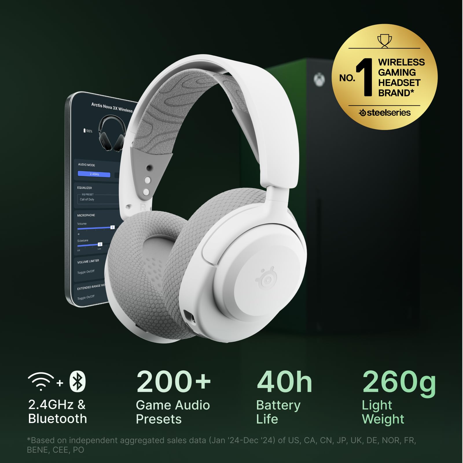 SteelSeries Arctis Nova 3X Wireless Multi-Platform Gaming Headset — Mobile App Control — 40 HR Battery — Neodymium Magnetic Drivers — 2.4GHz/Bluetooth — Xbox, PS5, PC, Switch, Mobile — White