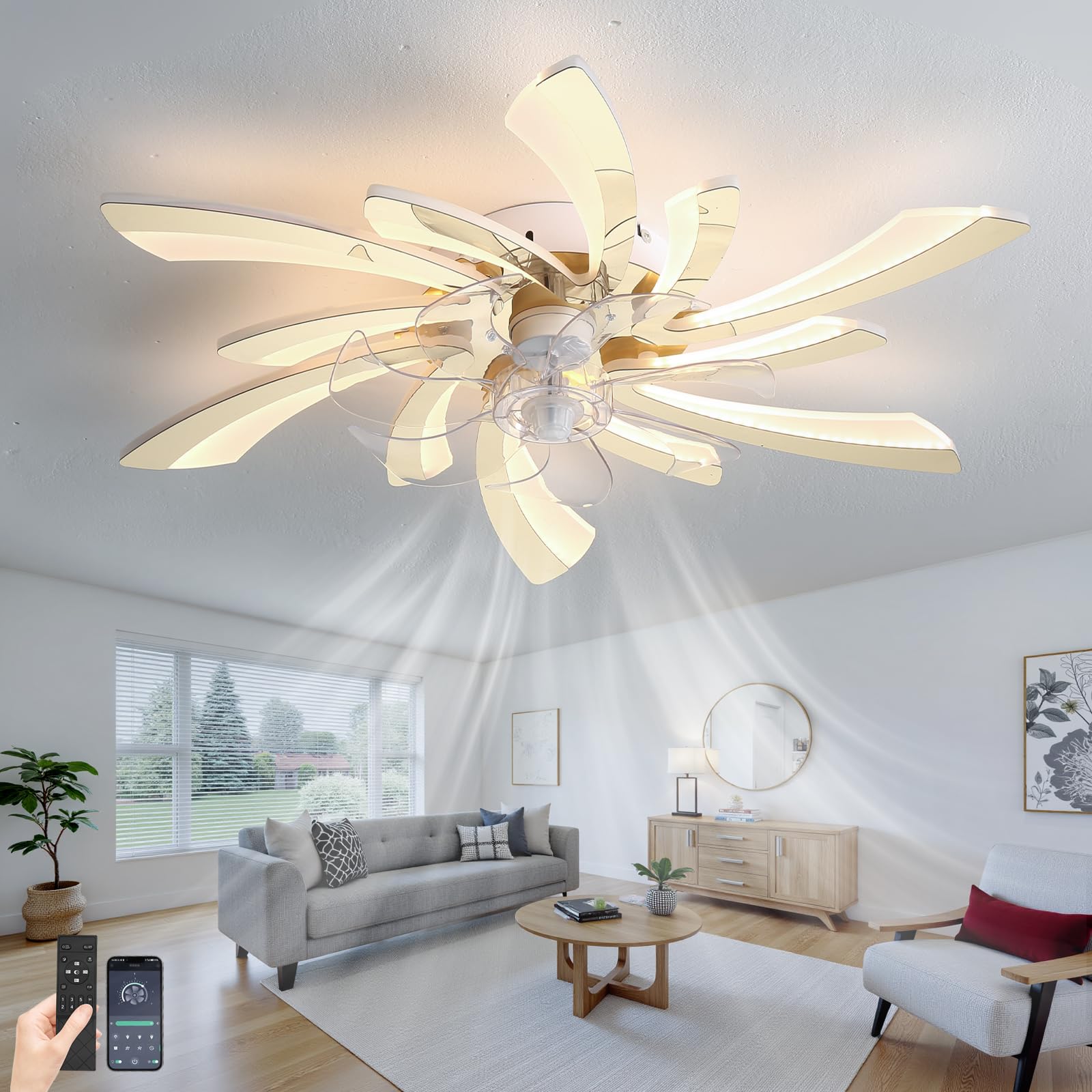 SXDMOUBK Modern Ceiling Fans with Lights 6 Speed Silent Dimmable Light with Fan Reversible Remote Control Light Fan Ceiling Gold Fan Lights Bedroom LED 60w Dc Reversible Motor Living Room