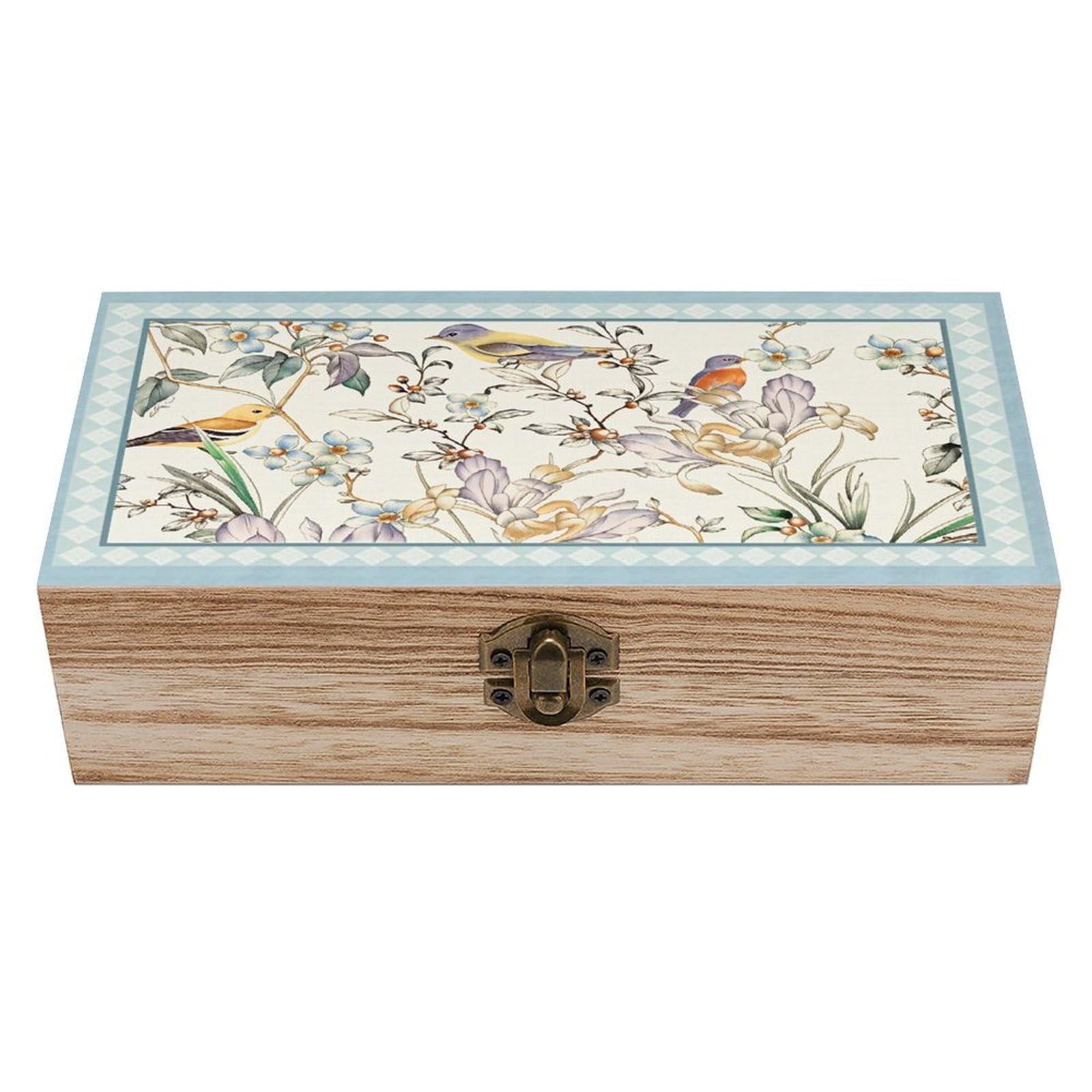 HLBSDM Blue Birds Flowers Blossom Vintage Wooden Keepsake Box with Hinged Lid And Locking Clasp, Decorative Storage Box for Jewelry, Trinkets And Small Accessories, Organizer for Home Or Wedding