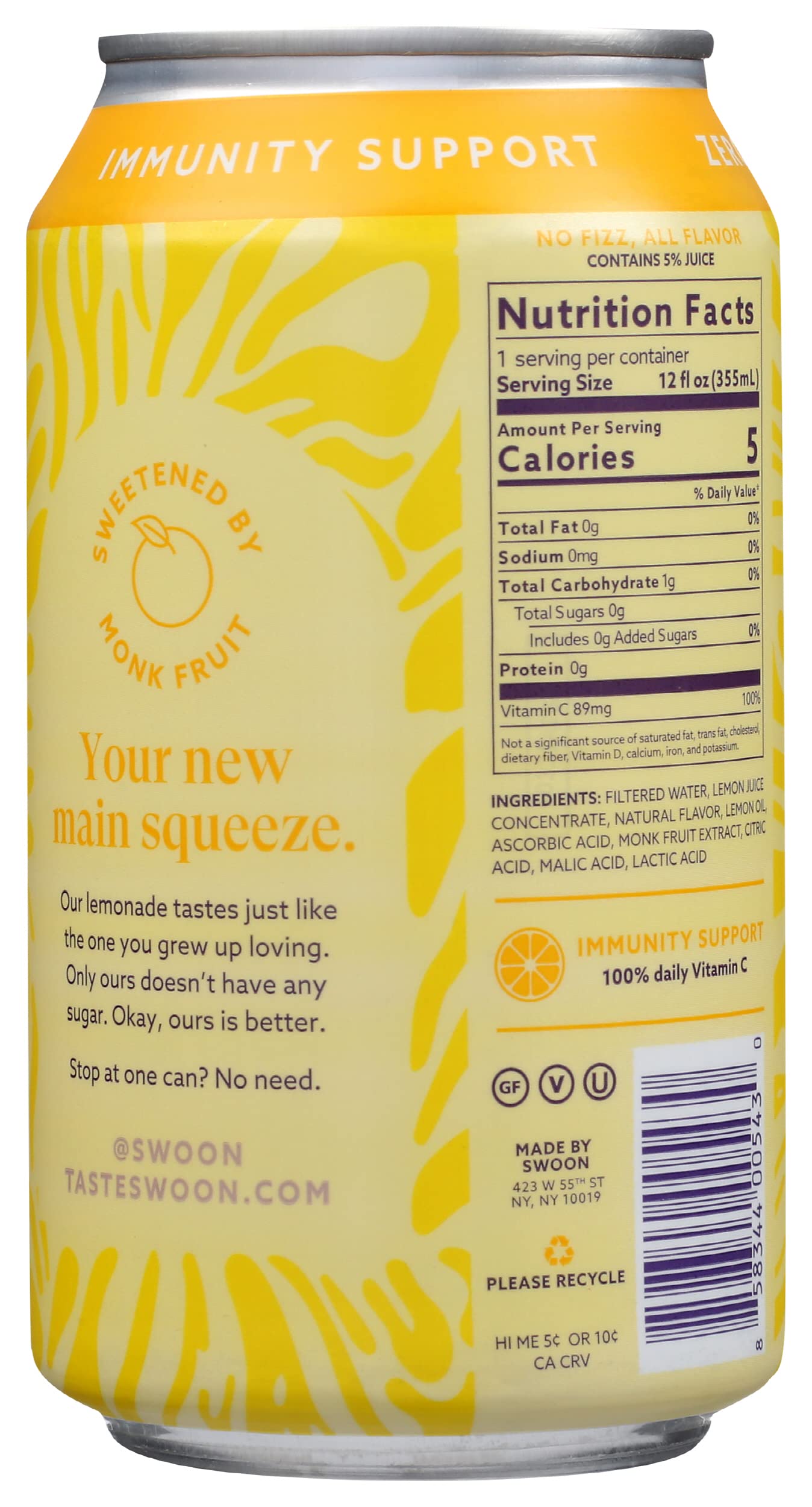 Swoon Classic Lemonade, Zero Sugar, Low Calories, Vegan Friendly, Kosher, Gluten Free & Non-GMO, 12 Fluid Ounce (Pack of 12)