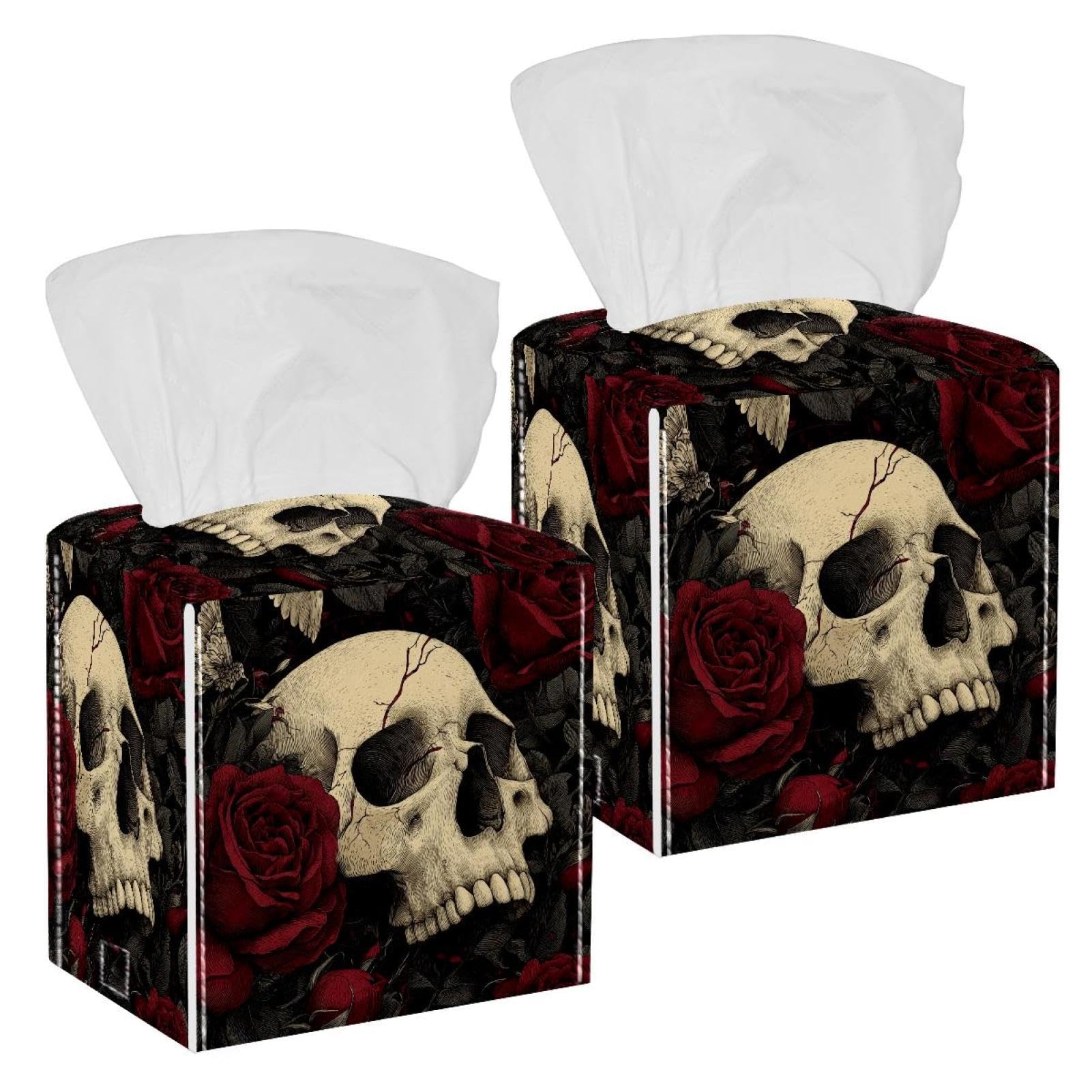 Roses and Skull Tissue Box Cover, 2 Pack PU Leather Square Facial Tissue Dispenser Box holder for Home Office Car