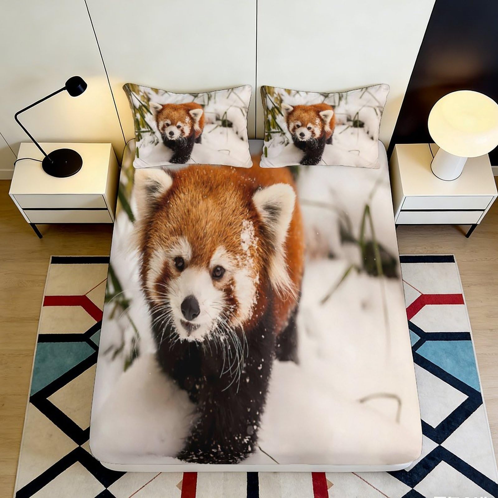 3D Printed Red Panda in Snow Fitted Sheet Microfiber Soft Breathable Snowy Forest Mattress Cover for Bedroom Decor 160x200x25cm