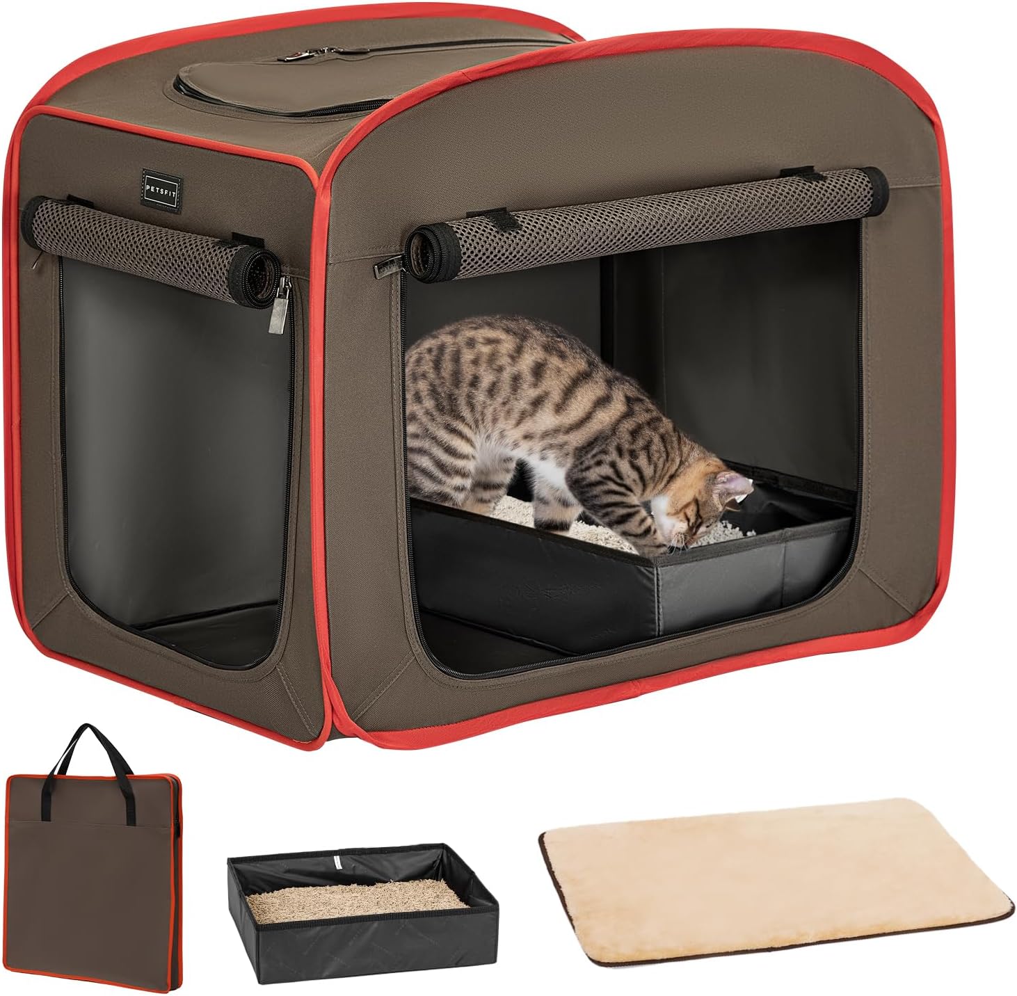 Petsfit Portable Cat Crate with Litter Box and Soft Cushion, Collapsible Pop Up Cat Kennel with Carrying Bag for Travel