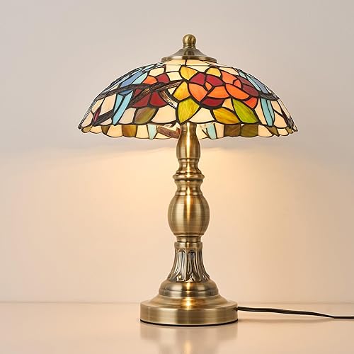 Lámpara de mesa estilo Tiffany, lámpara de mesa de vidrio manchado, lámpara de decoración antigua artesanal para mesita de noche, dormitorio, sala