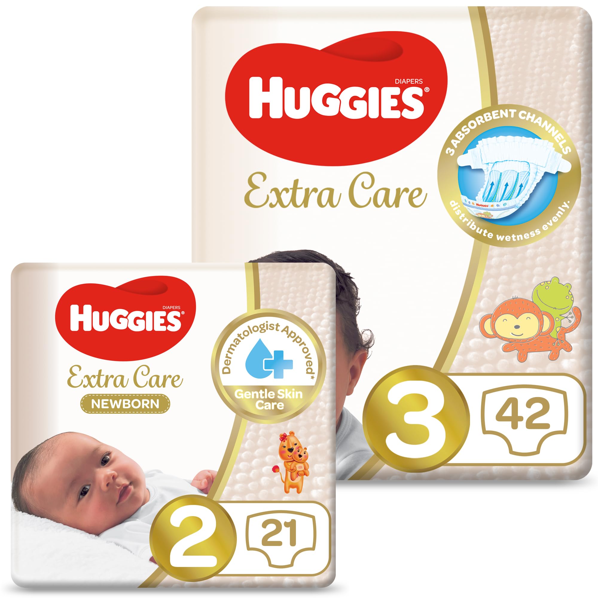 Extra Care Upsize Pack (Size 2-21 Diapers) and (Size 3-42 Diapers) -63 Diapers