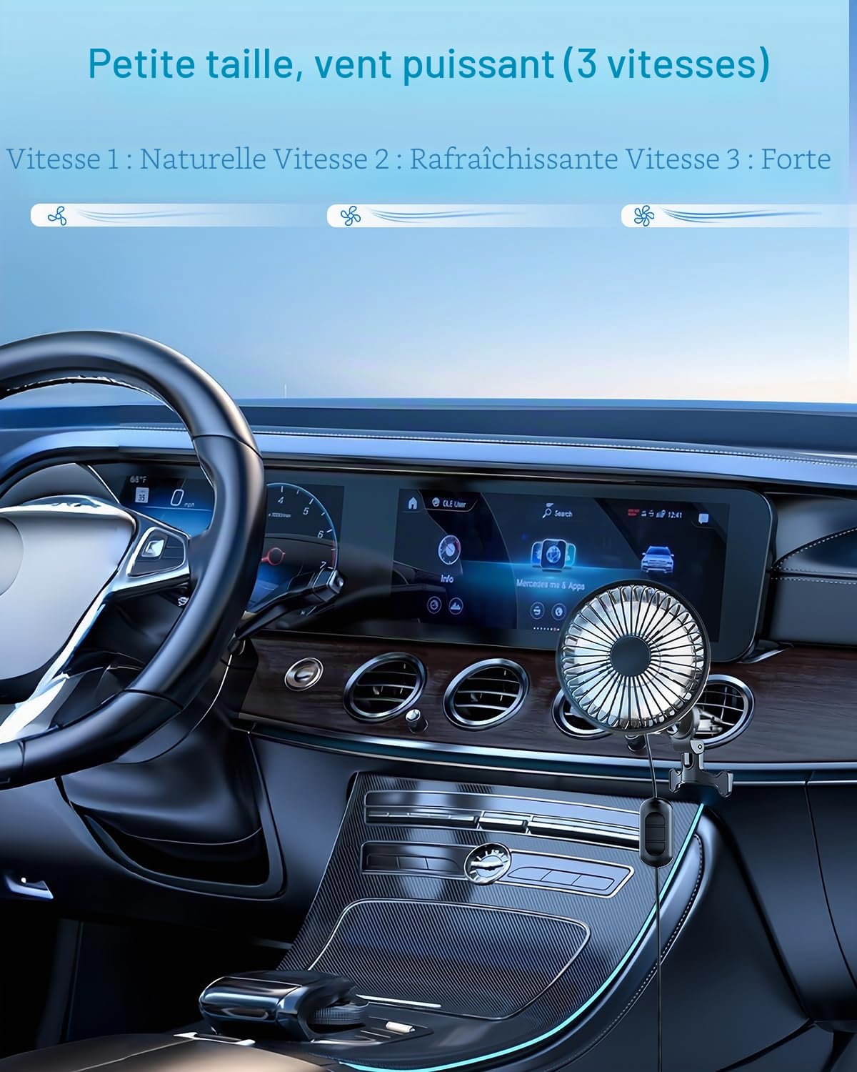 Ventilateur de Voiture, ventilateur de voiture Tête Mobile à 90°, 12V USB Ventilateur 3 vitesses 360° avec lumière RGB, Moins de bruit Convient à une grande variété de véhicules