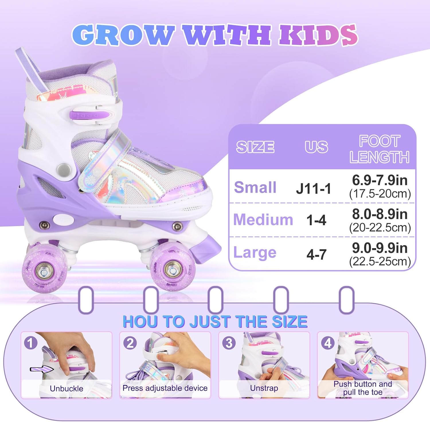 Roller Skates for Girls Boys Kids Age 3-12 Years Old Adjustable 4 Sizes with Wheels Light up, Birthday Gift for Children Teens, Indoor Outdoor - Image 2