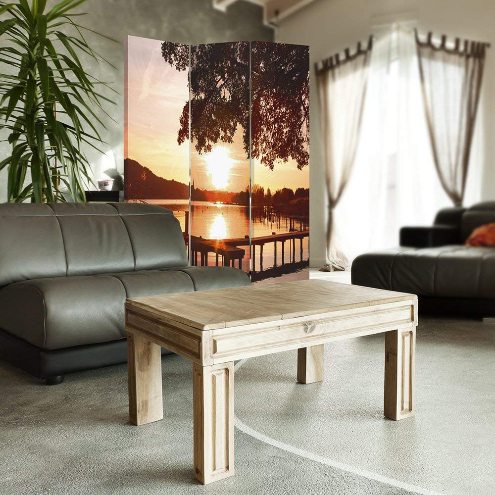 Feeby Paravent Port 3 Panneaux lac 110x180 cm Une Seule Côté Cloison de séparation Écran Pliant Foto Paravent Interieur Décoratif Mur Espagnol Impression sur Toile Chambre d'enfant Salon Bureau Jaune