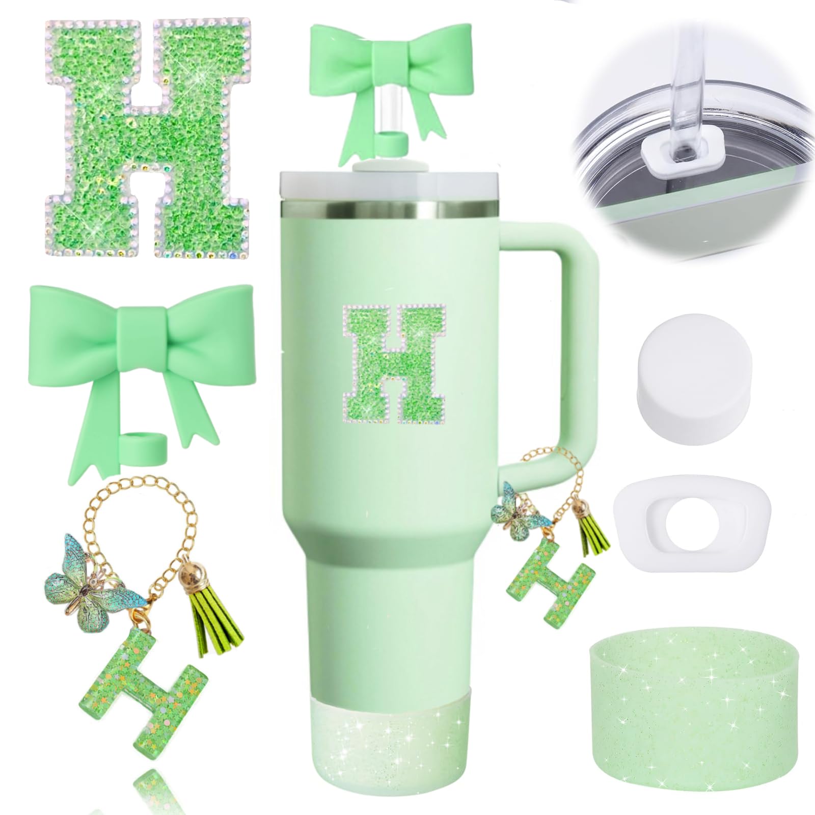 6PCS Green Stanley Cup Accessories Set for Stanley Cup 30 40oz Tumbler with Handle, Including Silicone Bow Straw Covers Cap, Spill Proof Stopper,