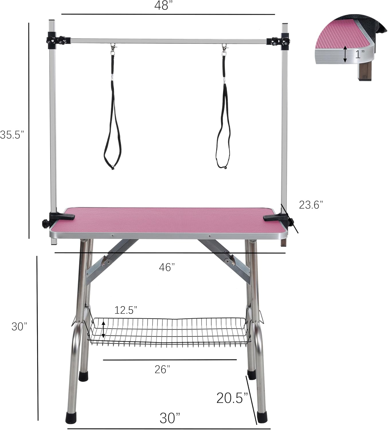 46" Pet Dog Grooming Table, Foldable Stainless Steel Frame Pet Drying Grooming Table Up to 330lbs, Professional Bathing Desk for Dogs at Home with Adjustable Overhead Arms, Noose, Mesh Tray, Pink