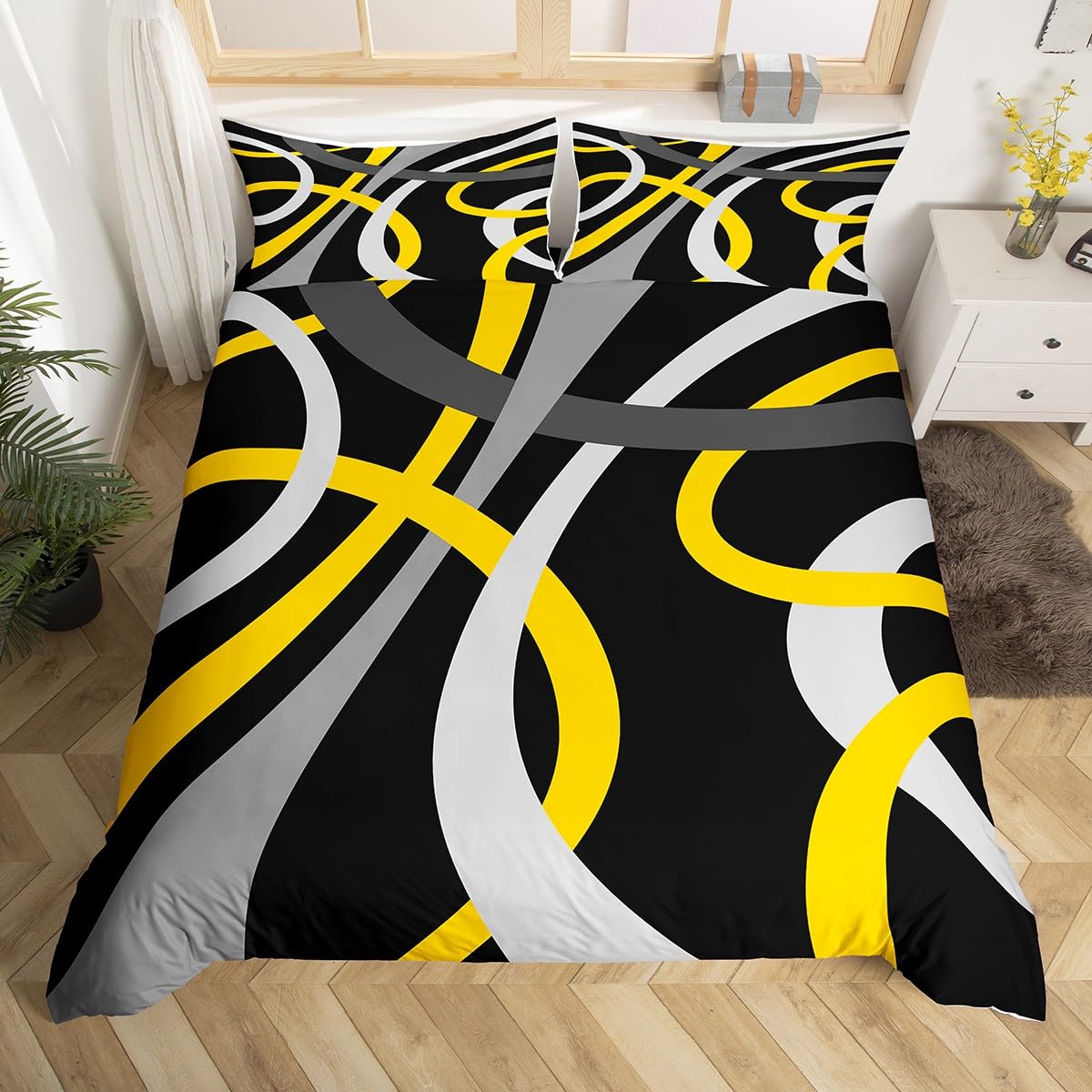 Yellow Black Gray Geometric Bedding Set for Retro Circle Swirls Circle Stripes Geometric Comforter Cover Abstract Geometric Bedspread Cover Breathable Decor 3Pcs Super King