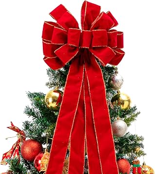Christmas Tree Bow Topper 48x13 Inches Large Gift Bow Handmade Decoration for Wreaths and Tree Toppers Velvet Red