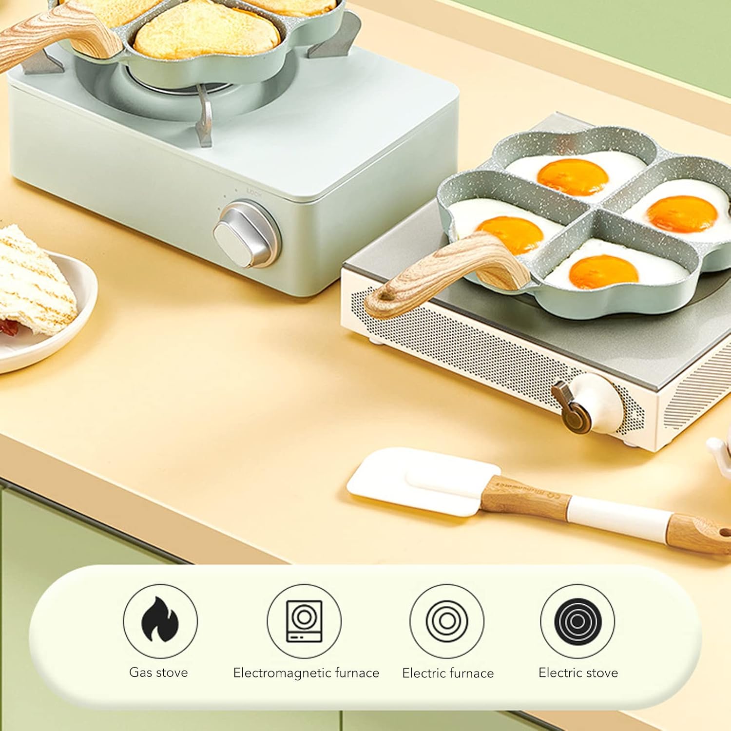 Heart Shaped Frying Pan,Egg Pan, Eggcelente Pan, Omelette Pan,Egg Frying Pan Nonstick 4 Cup Egg Frying Pan Uniform Heating Pancake Pan with Handle for Kitchen (green)