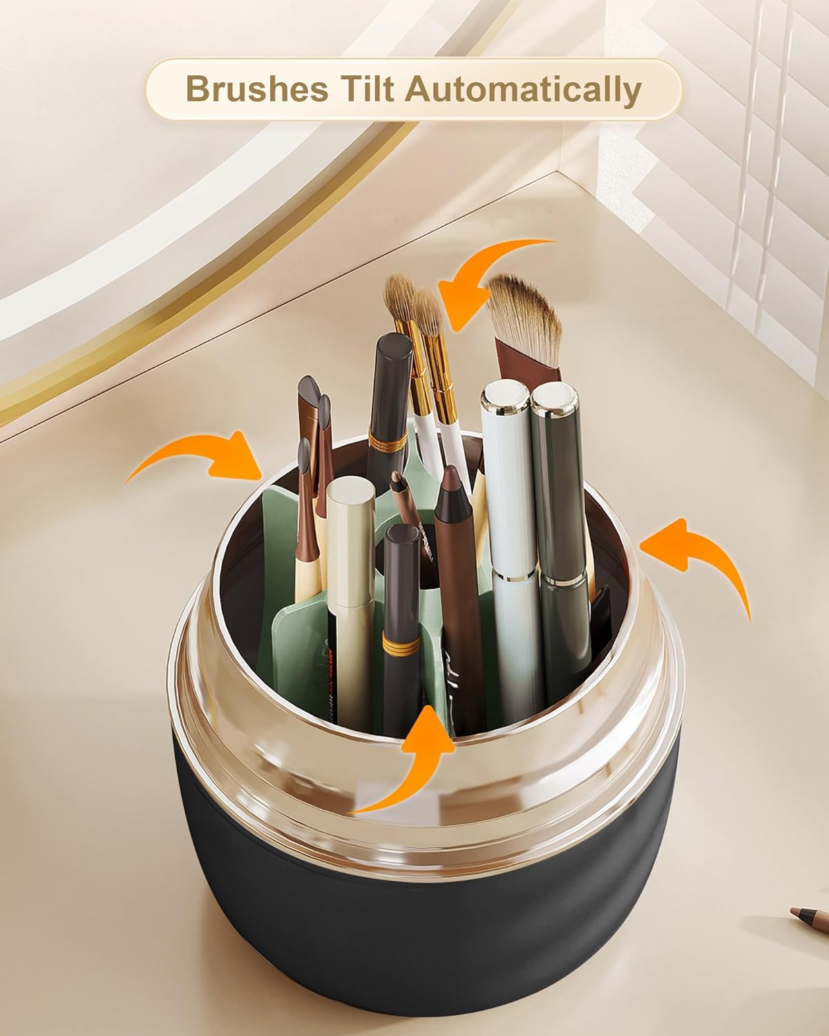 Makeup Brush Holder 360 Rotating, [Upgrade & with Cover] Makeup Brush Organizer for Vanity Countertop Bathroom (Black) - Image 4