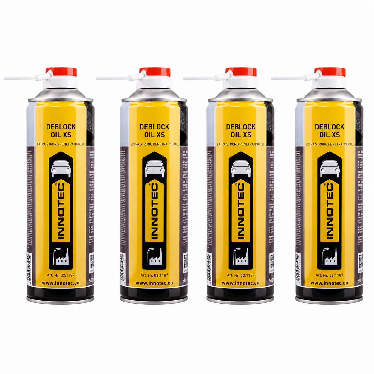 4 Stück Innotec Deblock Oil XS Extrem - Starker Rostlöser - schnelle Wirkung - Langzeitkriechwirkung - Mischung aus schnellen Rostlösern und Schmiermitteln- Rostlöser Innotec Spraydose 500ml