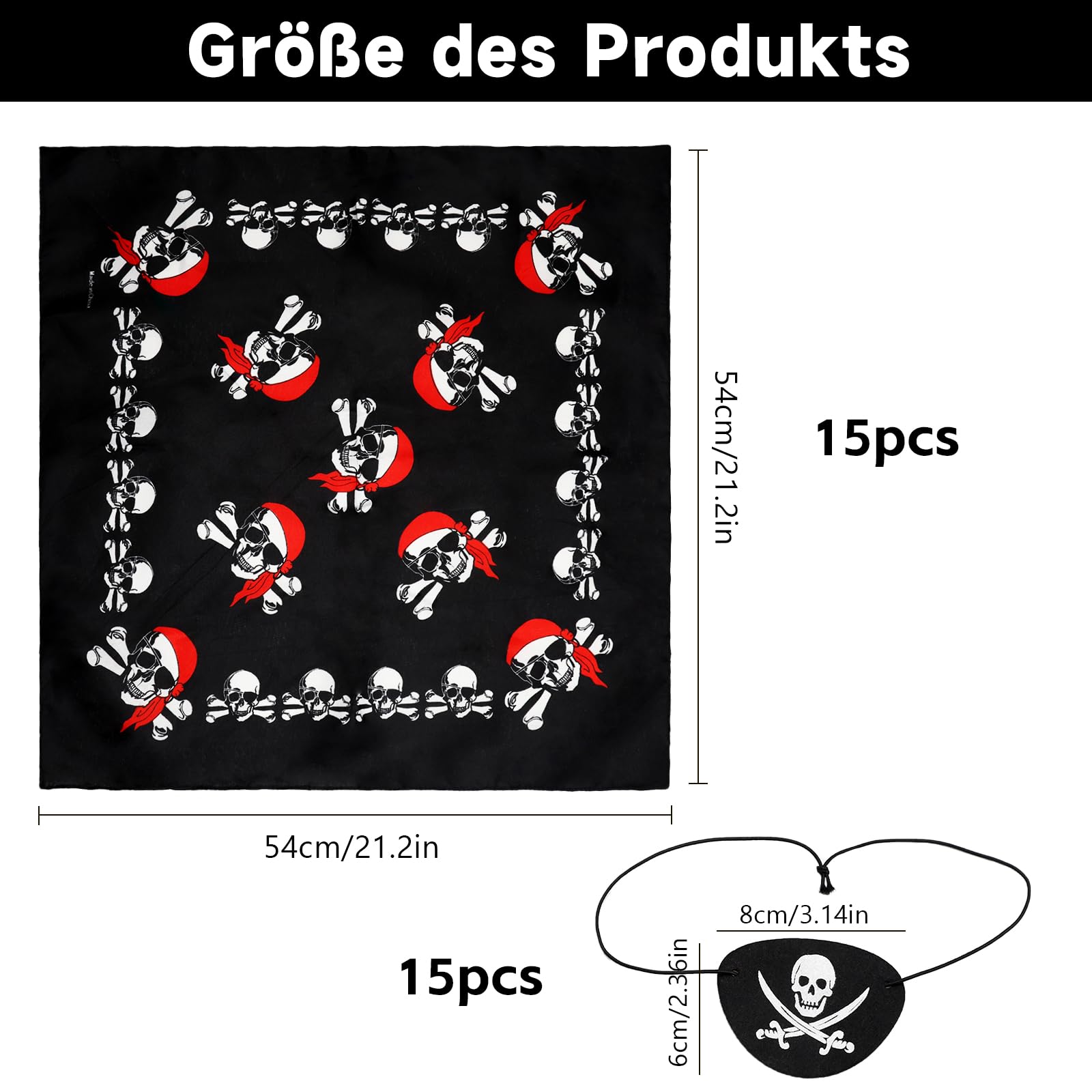 APOMOONS Juego de 15 Pañuelo Pirata Calavera Negra con 15pcs Parche Ojo para Fiesta Halloween
