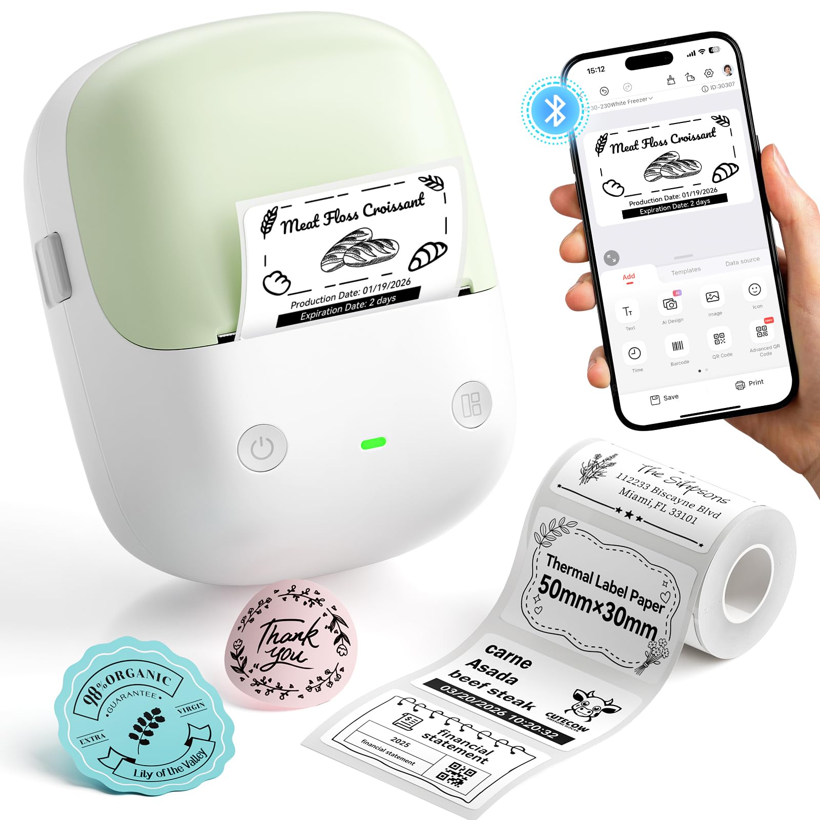NIIMBOT B2 Portable Label Maker with One-Button Instant Time Printing, Standard Version Handheld Thermal Printer for Office, School, Home Organization, Light Green