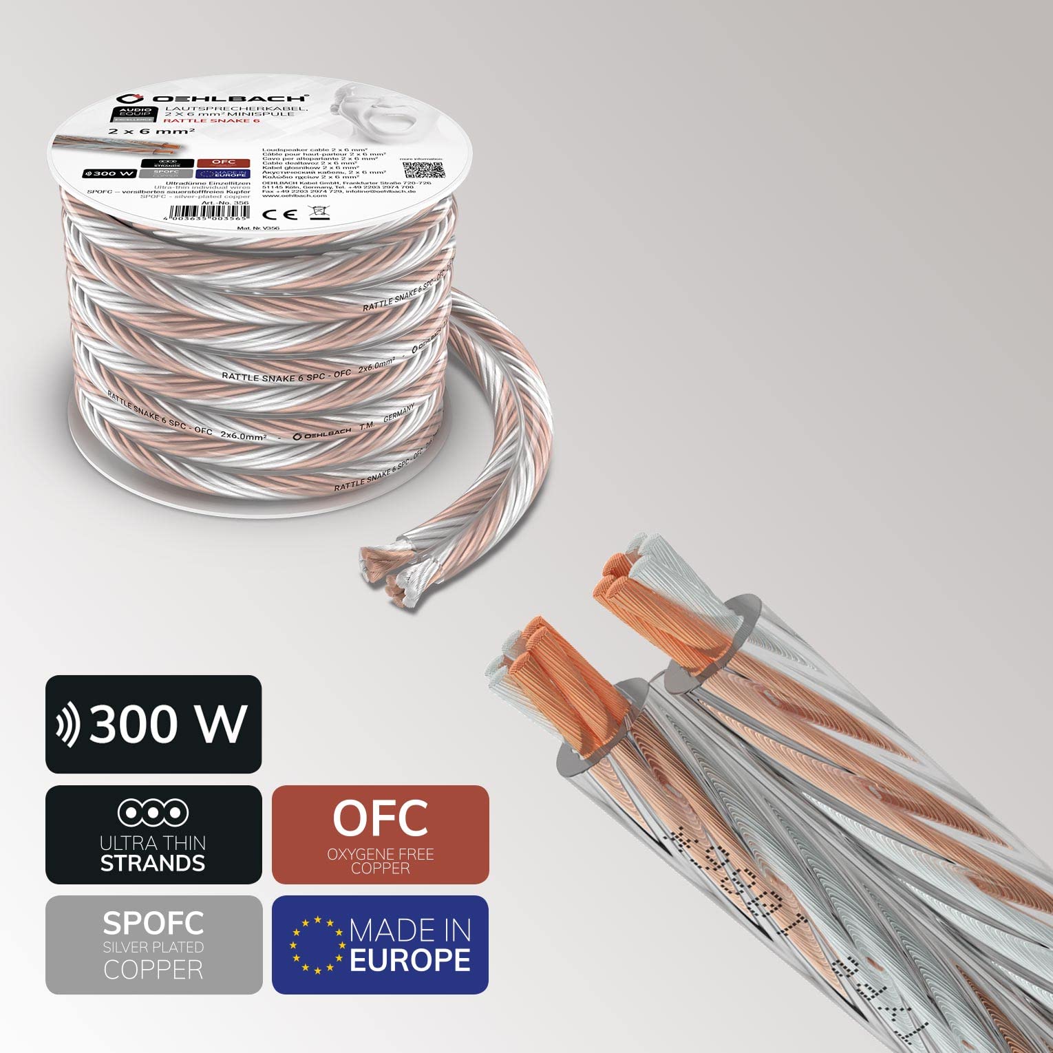 OEHLBACH Rattle Snake 6 SP – Cavo audio stereo HI-FI di alta qualità con OFC e rame senza ossigeno argentato, prodotto in Germania, 2 x 6 mm², mini bobina da 10 m