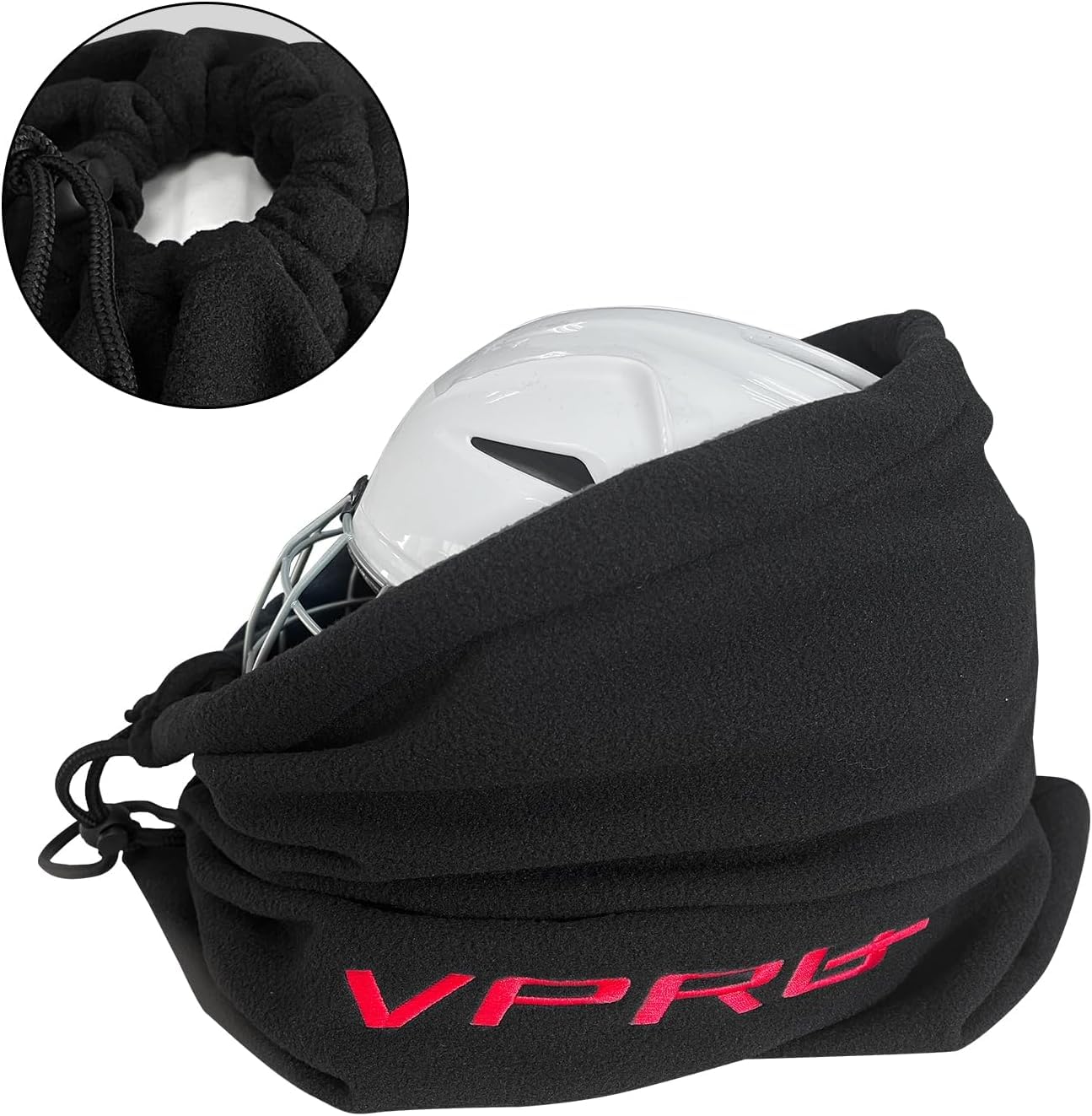 VPRO Borsa per casco da hockey, in pile, nera con ricamo rosso, chiusura con coulisse, 42 cm x 42 cm
