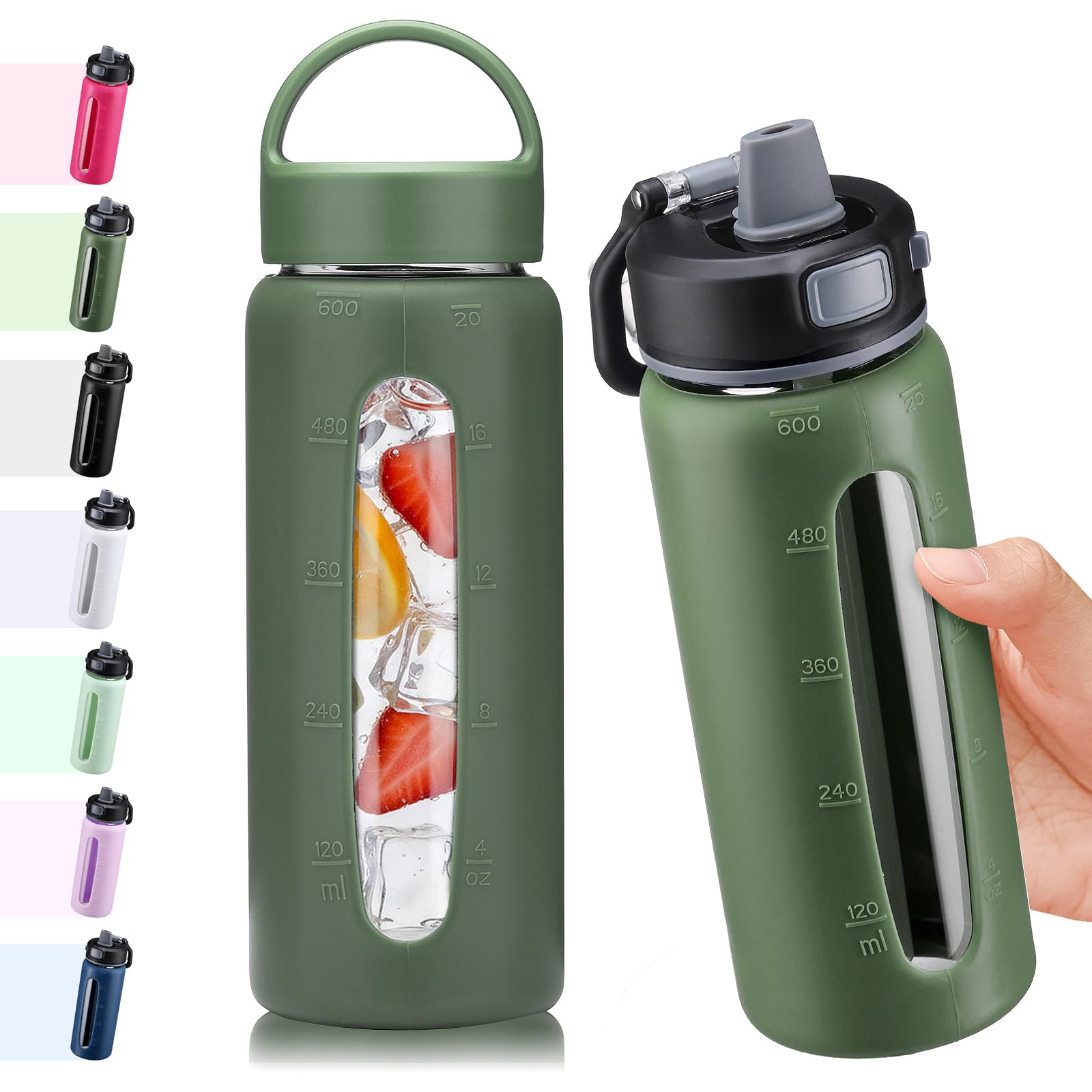 BLUEGO 600ml Glass Water Bottle with 2 Lids-One-touch Lock Lid and Handle Lid Reusable Drinking Bottle with Time Marking for Travel Home Gym Sports BPA Free, Olive โ image 1