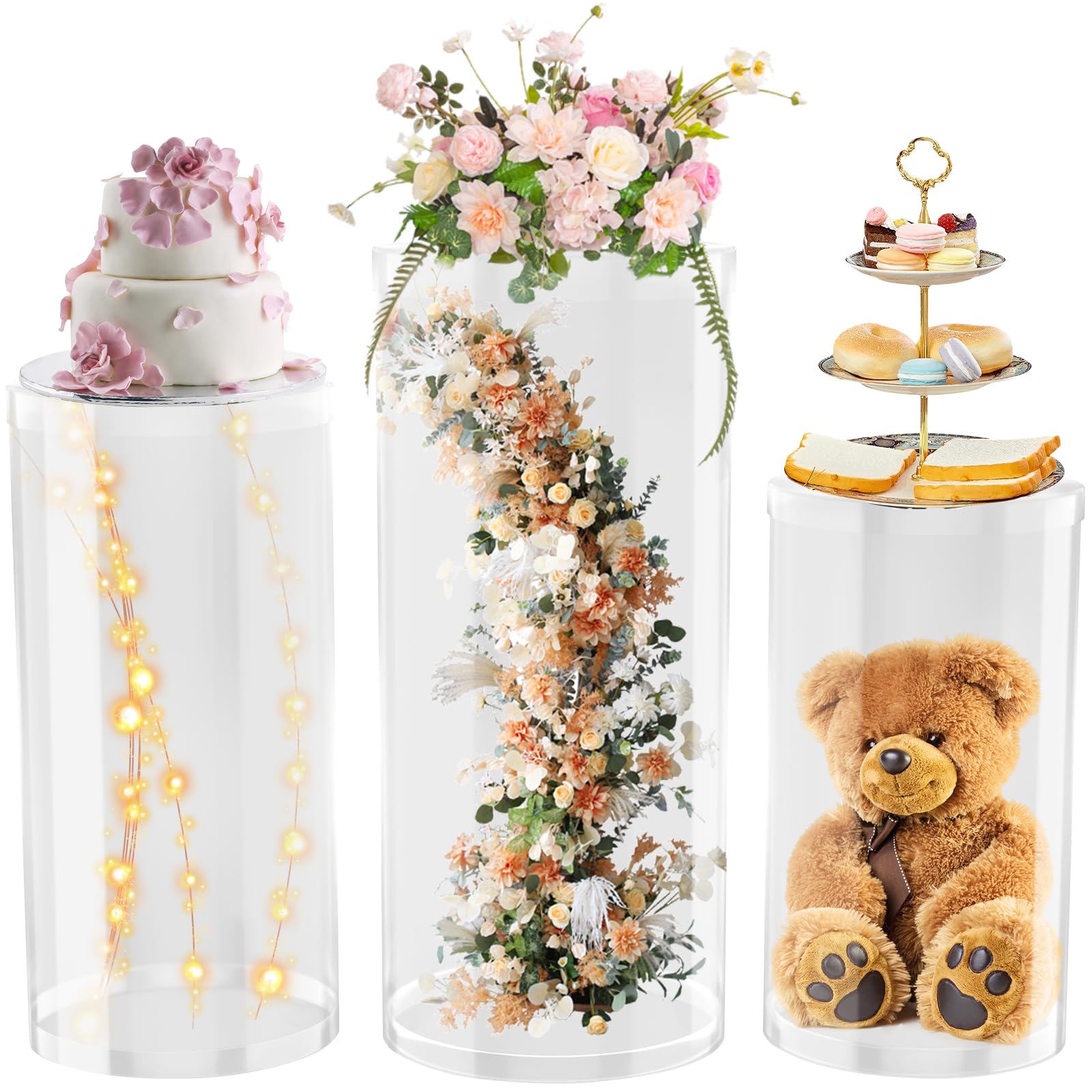 Clear Cylinder Pedestal Stands for Party- 3 Pieces , Large White Cake Pedestal Stand, Pedestal Display Plinth Pillars for Wedding Ceremony Birthday Party Art Decor--35.4''(L),29.5''(M),23.6''(S)