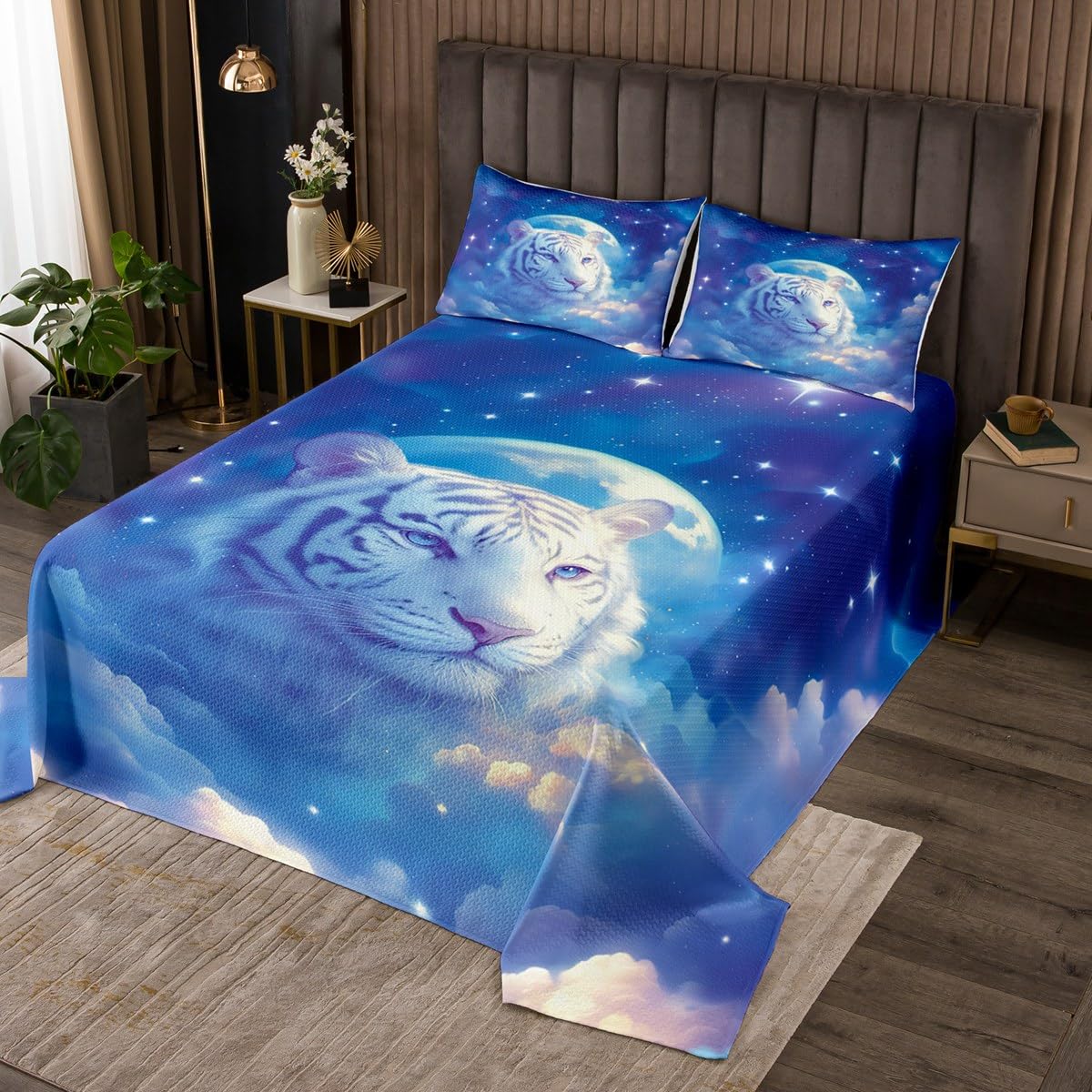 Castle Fairy Animal Tiger Coverlet Set King Size Dreamy Starry Galaxy Sky Bedspread Fashion Room Decor Fierce Wildlife Quilted for Teens Gift Gradual Clouds Bedding with 2 Pillowcases