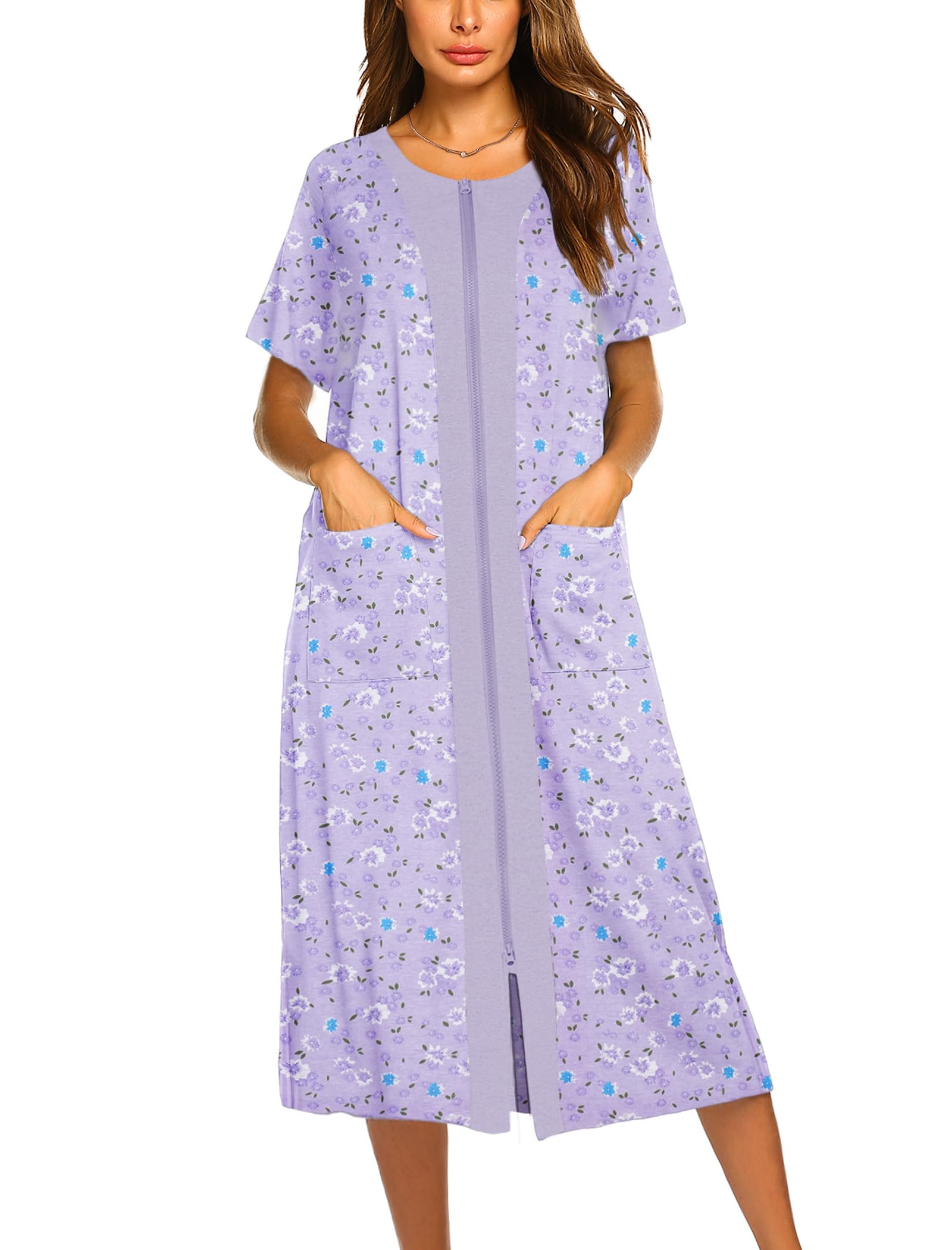 Ekouaer Robes For Women Zipper Front Bathrobe Short Sleeve House Coat Long Nightgown With Pockets Soft Loungewear