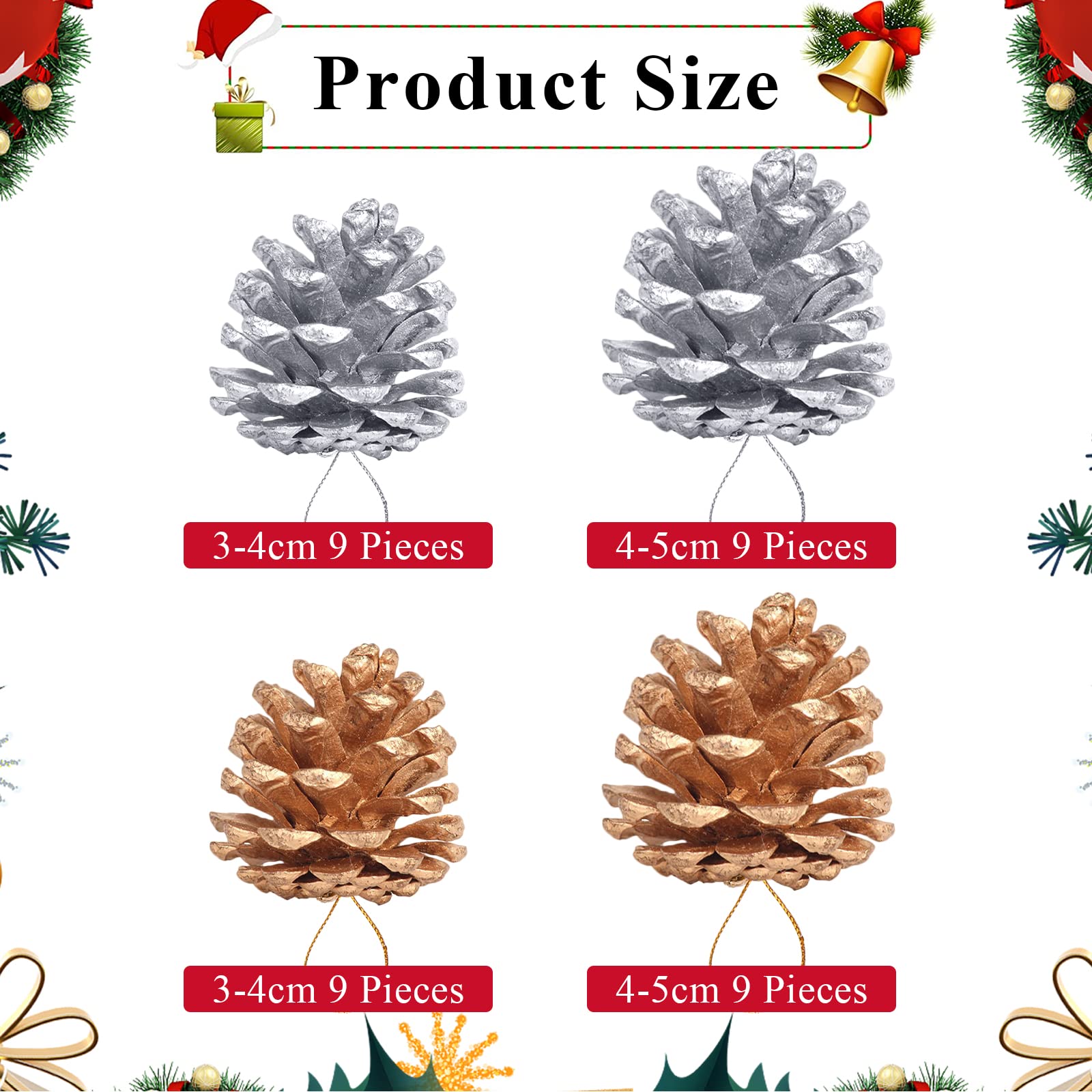 Bekecidi 36 sztuk świątecznych szyszek sosnowych, naturalne mini szyszki, Boże Narodzenie, szyszki śnieżne, ozdoby do dekoracji wnętrz, jesienne i świąteczne rękodzieła (złote + srebrne)