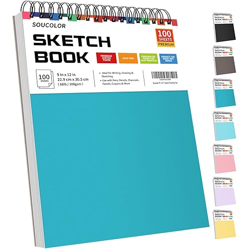 Soucolor School Supplies 9" x 12" Sketch Book for High College Teacher Student, 1-Pack 100 Sheets Spiral Bound Art Sketchbook, Acid Free (68lb/100gsm) Artist Blank Book for Kids, Back to School Stuff