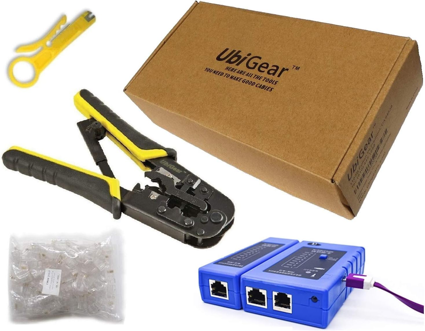 UbiGear® Network/Phone Cable Tester + RJ11/RJ12/RJ45 Network Cable Crimper + RJ45 CAT5e Connector Plug Network Tool Kits (568 Tool Kits)