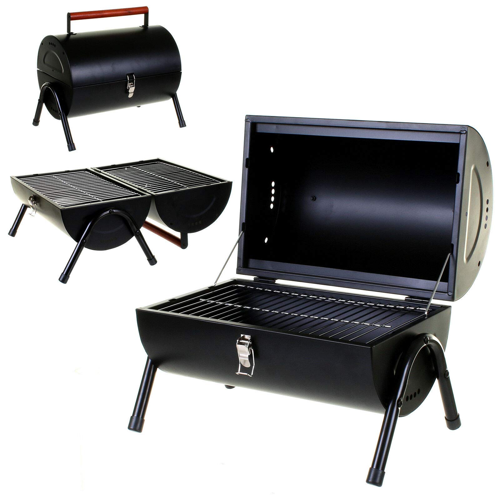 Greenfields Portable BBQ Barrel - Double Sided Folding Barbecue Grill with Side Vents and Wooden Carry Handle | Perfect for Garden, Camping and Outdoor Kitchen