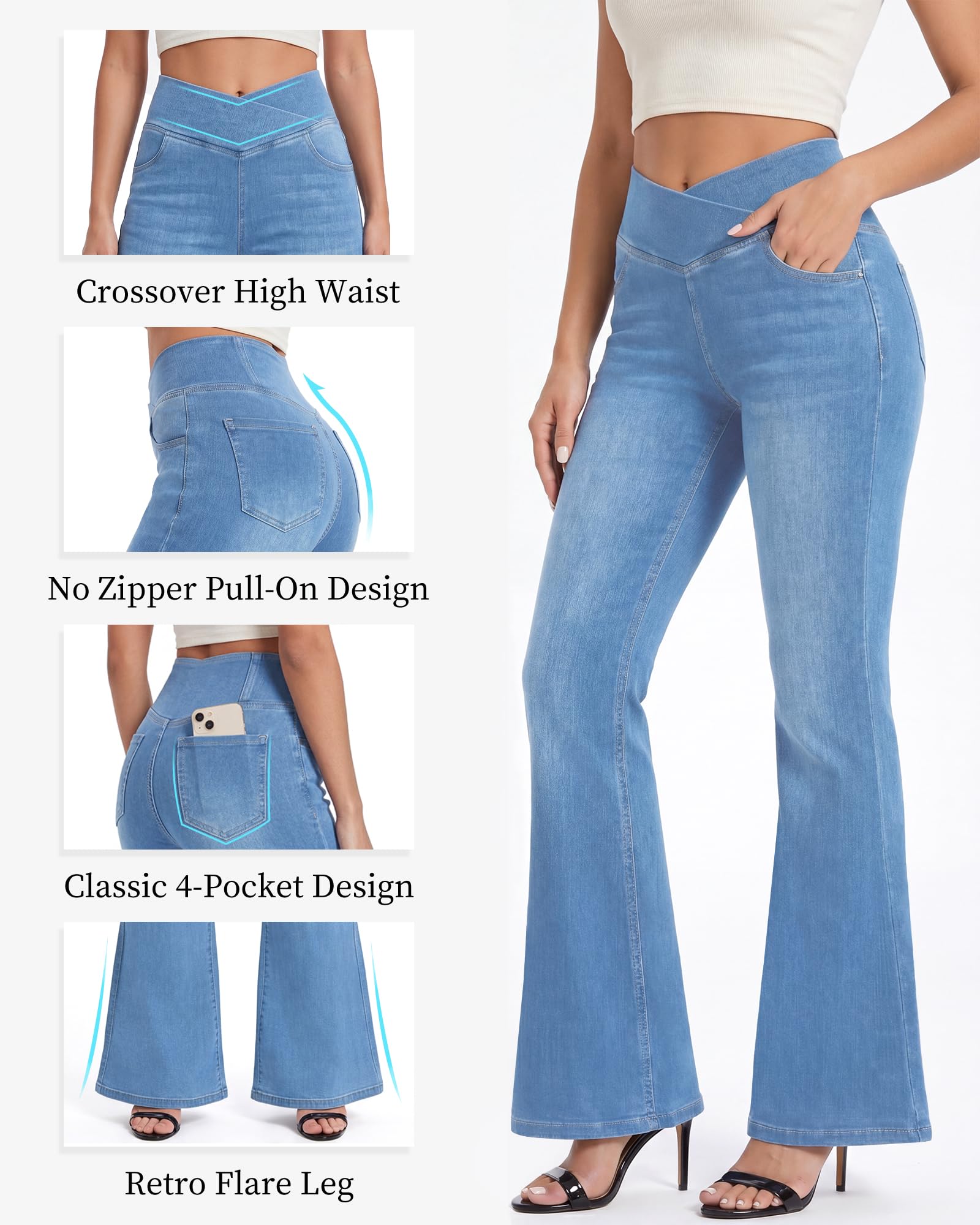 Bootcut Jean pour Femme, col en V, Taille Haute, Pull on Ventre, Skinny, Denim, très élastique, Tissu Doux, Pantalon de Fitness Contrôle du Ventre - avec Poches