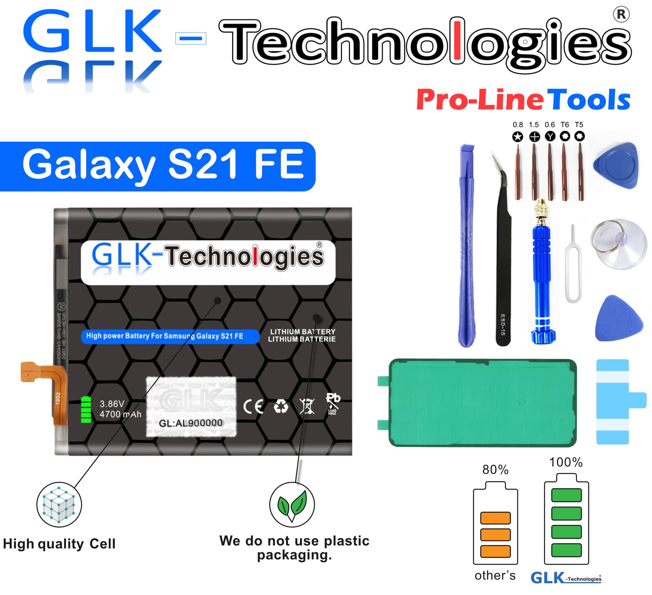 GLK-Technologies® High Power Ersatzakku kompatibel mit Samsung Galaxy S21 FE 5G SM-G990 EB-BG990ABY Battery accu 4700mAh Akku inkl. Profi Werkzeug Set Kit NUE 2026 B J