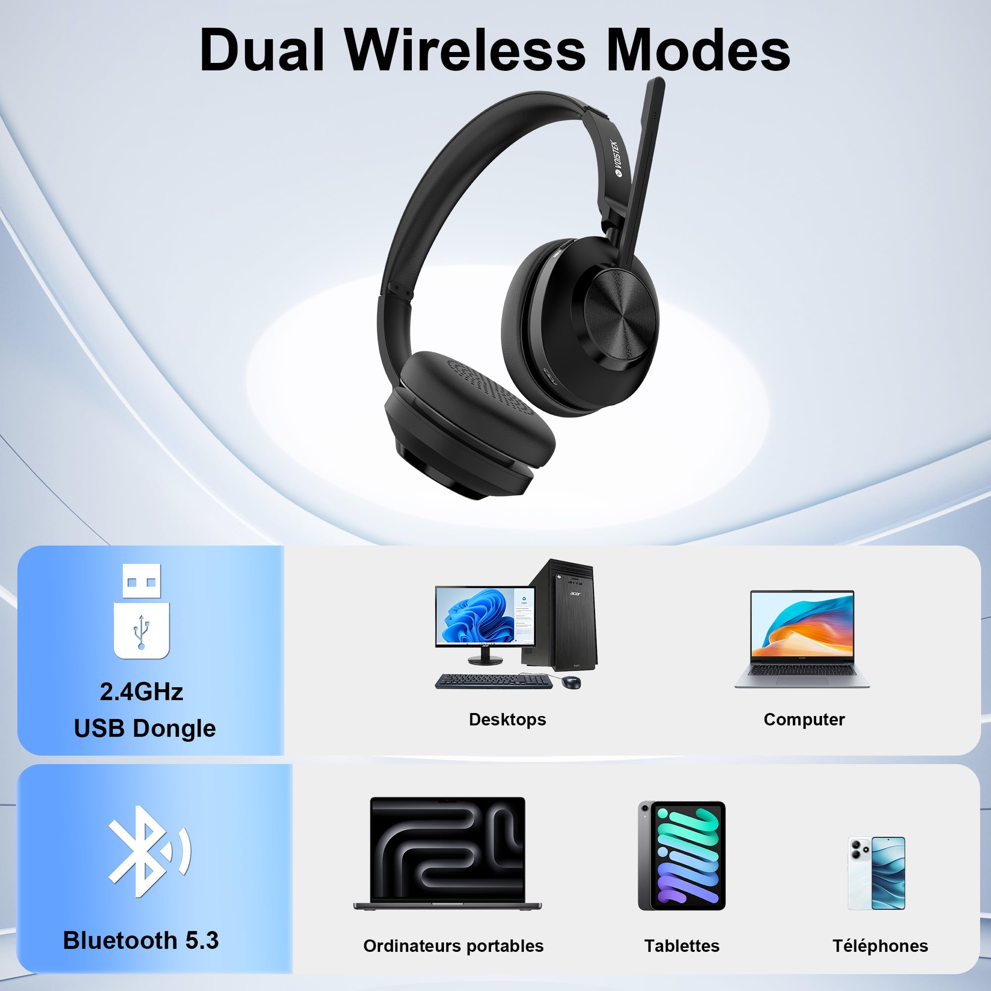Voistek Casque Bluetooth Sans Fil avec Microphone pour PC/Ordinateur Portable, Léger on Ear, Microphone Réglable à Réduction de Bruit, Casque Audio Sans Fil pour Bureau, Télétravail, Chat, Zoom, Teams